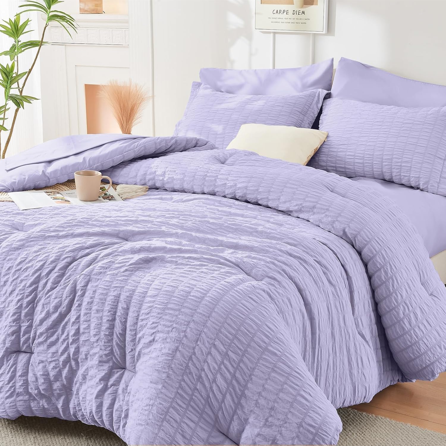 HYMOKEGE Queen Comforter Set Seersucker 7 Pieces, All Season Luxury Bed in a Bag for Bedroom, Bedding Set with Comforters, Sheets, Pillowcases & Shams, Dark Grey