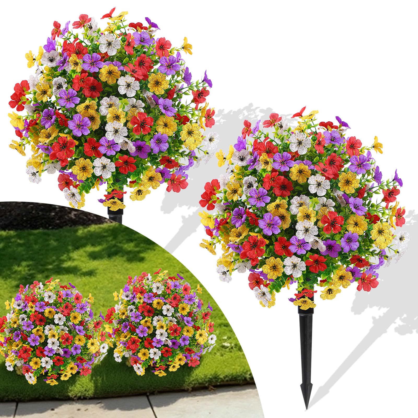 Alupssuc 2Pcs 20" Artificial Topiary Ball Flowers For Outdoors Planters, Spring Decoration with Spike, UV Resistant Faux Summer Plants, Fake Bushes Indoor Decor, Mix 4 Colors for Garden, Porch & Patio