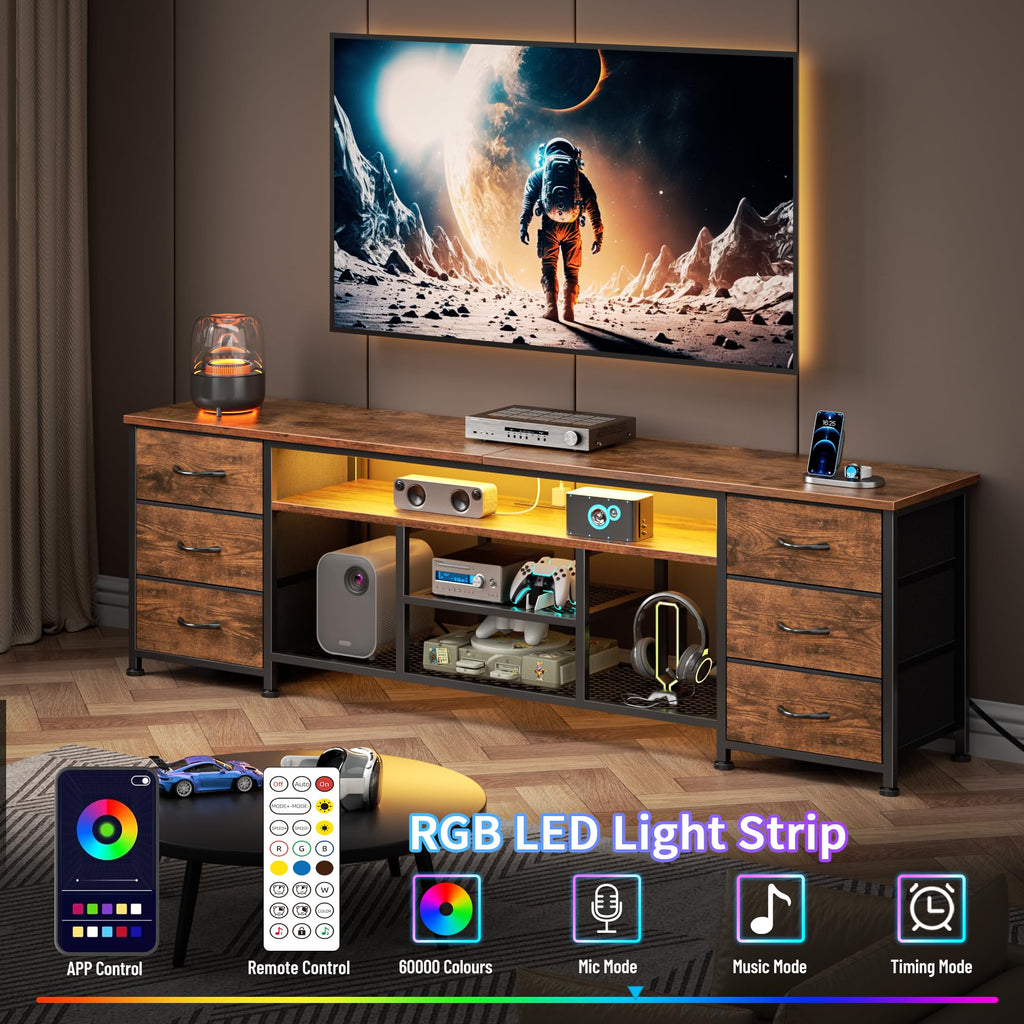 Furologee LED TV Stand for 65, 70 Inch TV, 63 Inch Entertainment Center with Power Outlets, 6 Fabric Drawers Dresser for Bedroom, Media Console with Open Shelves, Rustic Brown