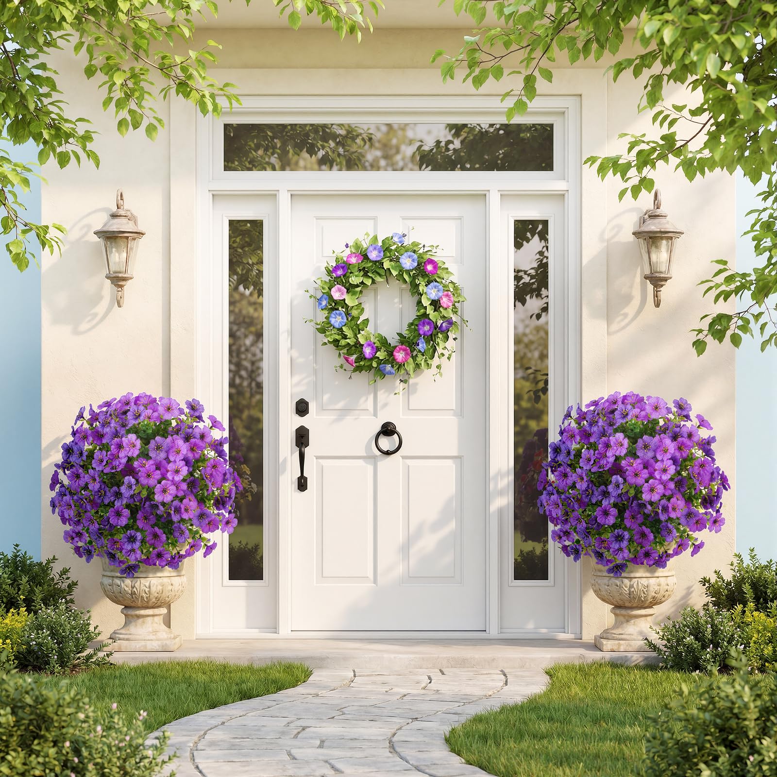 Alupssuc 2Pcs 20" Artificial Topiary Ball Flowers For Outdoors Planters, Spring Decoration with Spike, UV Resistant Faux Summer Plants, Fake Bushes Indoor Decor, Mix 4 Colors for Garden, Porch & Patio