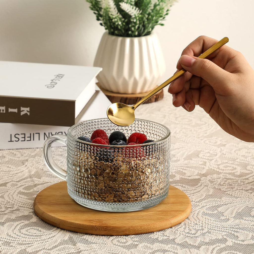 4pcs Set Vintage Coffee Mugs gifts for women, Overnight Oats Containers with Bamboo Lids and Spoons - 14oz Clear Embossed Glass Cups, Cute Coffee Bar Accessories, Iced Coffee Glasses