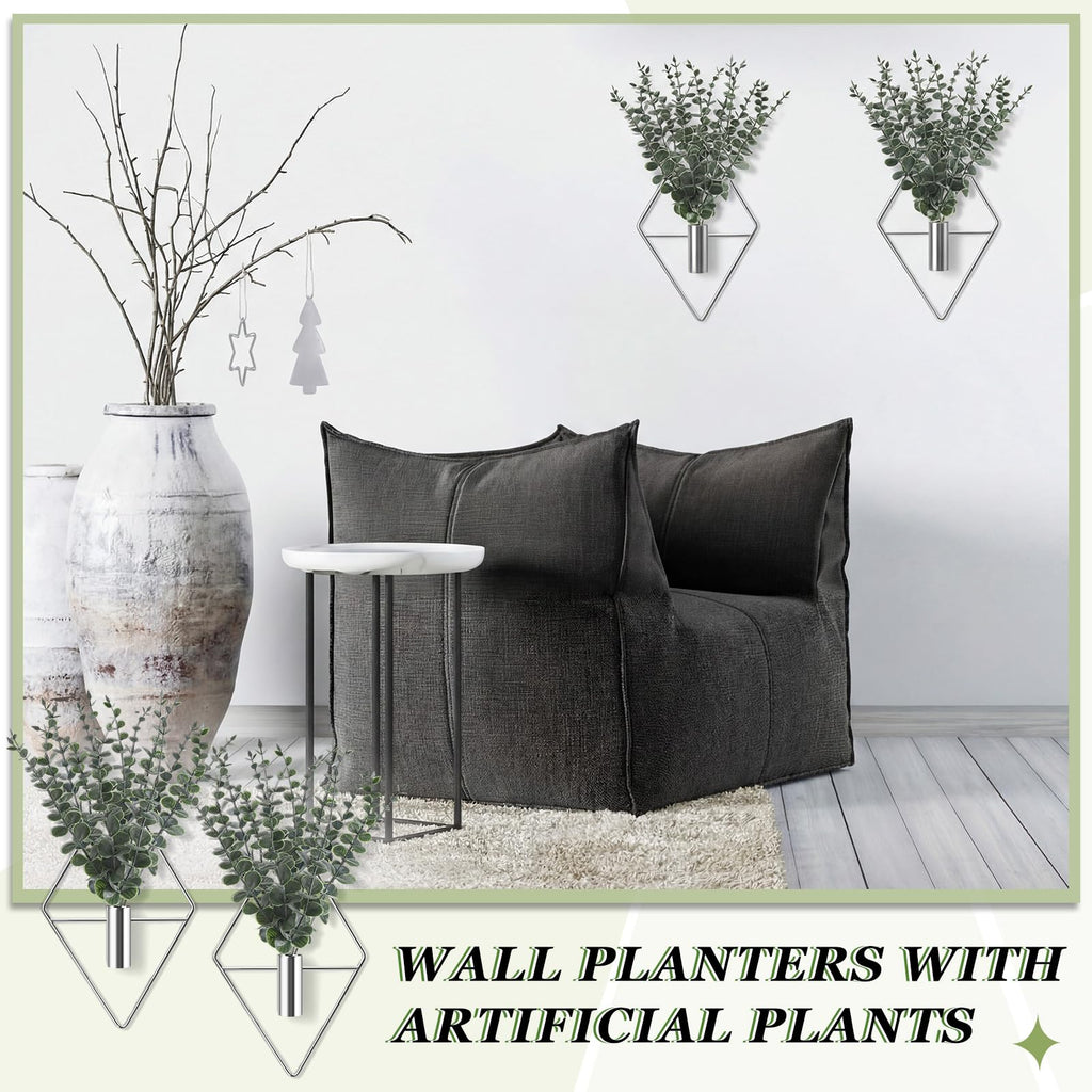 Jexine 4 Pcs Hanging Planters with Artificial Eucalyptus Metal Hanging Vase Indoor Plants Holder Modern Geometric Boho Bathroom Wall Decor for Living Room Home Office(Black)