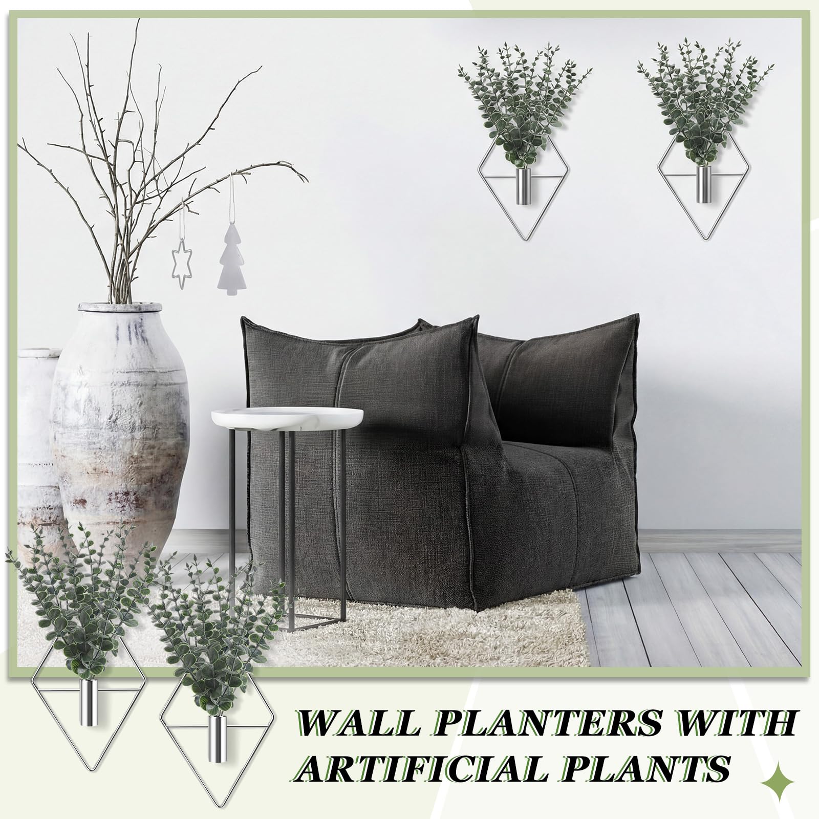 Jexine 4 Pcs Hanging Planters with Artificial Eucalyptus Metal Hanging Vase Indoor Plants Holder Modern Geometric Boho Bathroom Wall Decor for Living Room Home Office(Black)