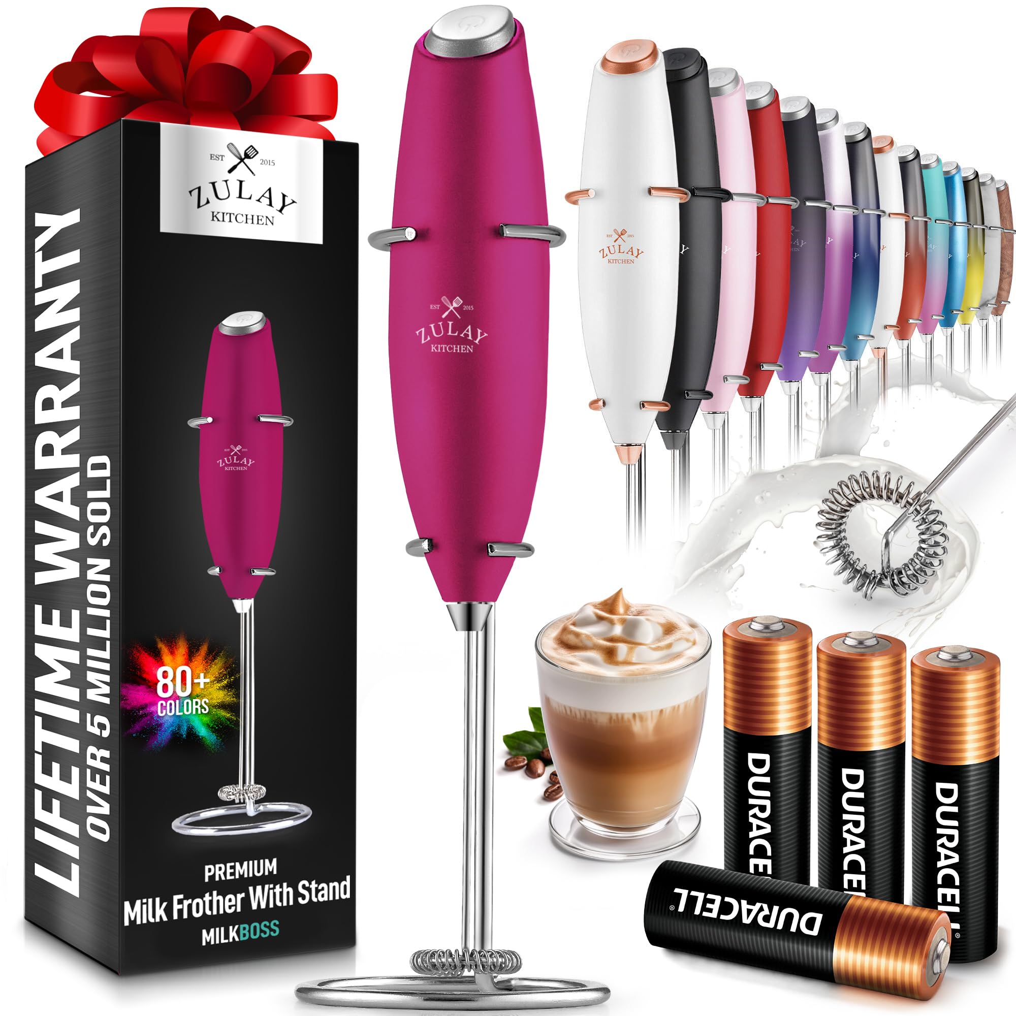 Zulay Kitchen Powerful Milk Frother Wand With 2 Duracell Batteries - Ultra Fast Handheld Drink Mixer - Electric Whisk Foam Maker for Coffee, Lattes, Cappuccino, Matcha, Hot Chocolate & Creamer - Black