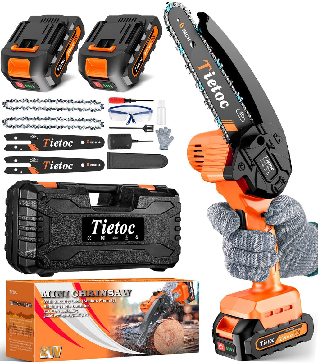 Tietoc Chainsaw 6 Inch Mini Electric Chainsaw Cordless Battery Powered, Hand Held Saw for Wood/Trees Trimming, Tools for Household and Garden, Chain Saw Gift for Men Dad Husband Fathers Gardener 2025
