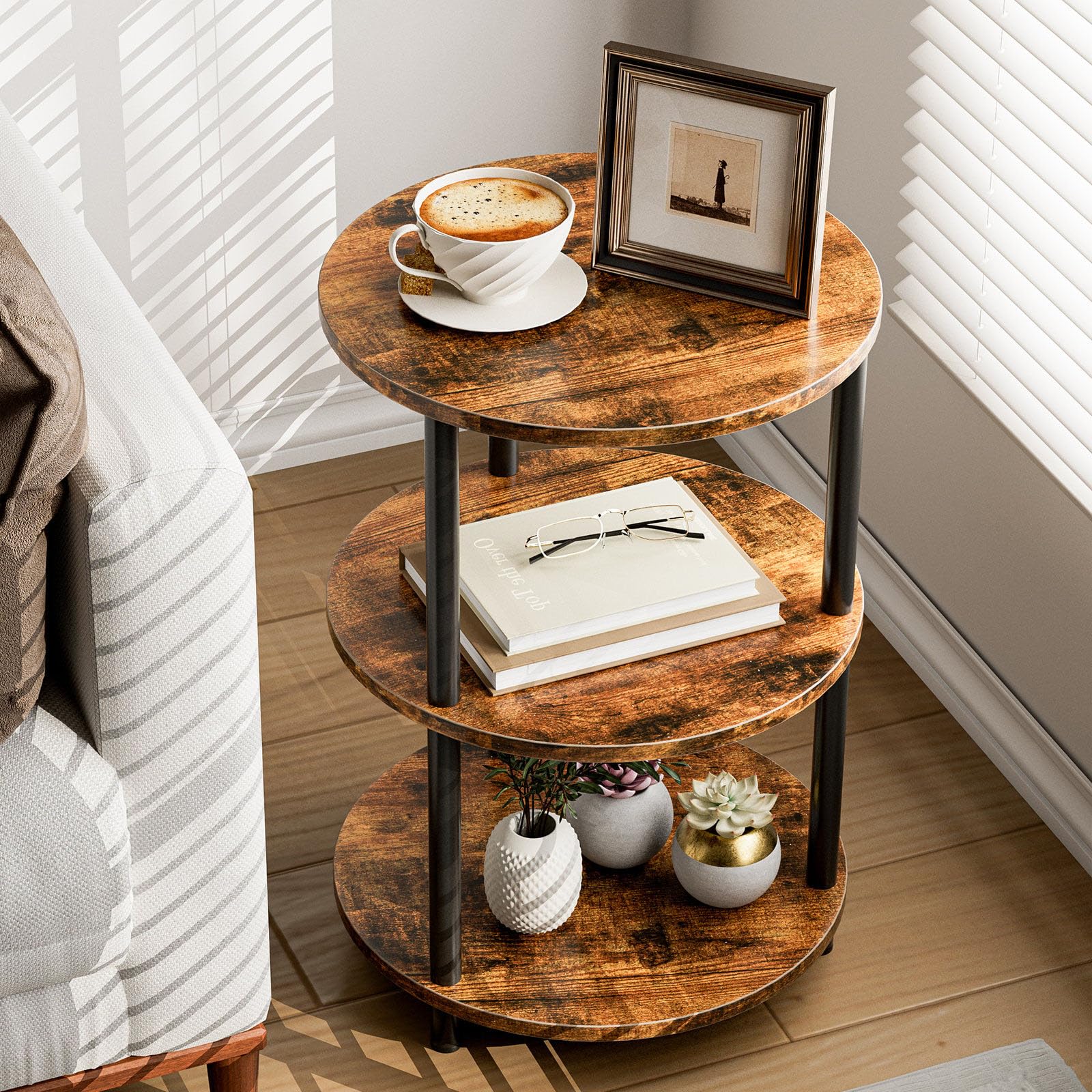 Small Round Coffee Table - 3 Tier Design Accent Table, Narrow Side or Bedside Stand, Industrial Vintage Nightstand for Bedroom, Living Room, or Small Spaces, Rustic Brown