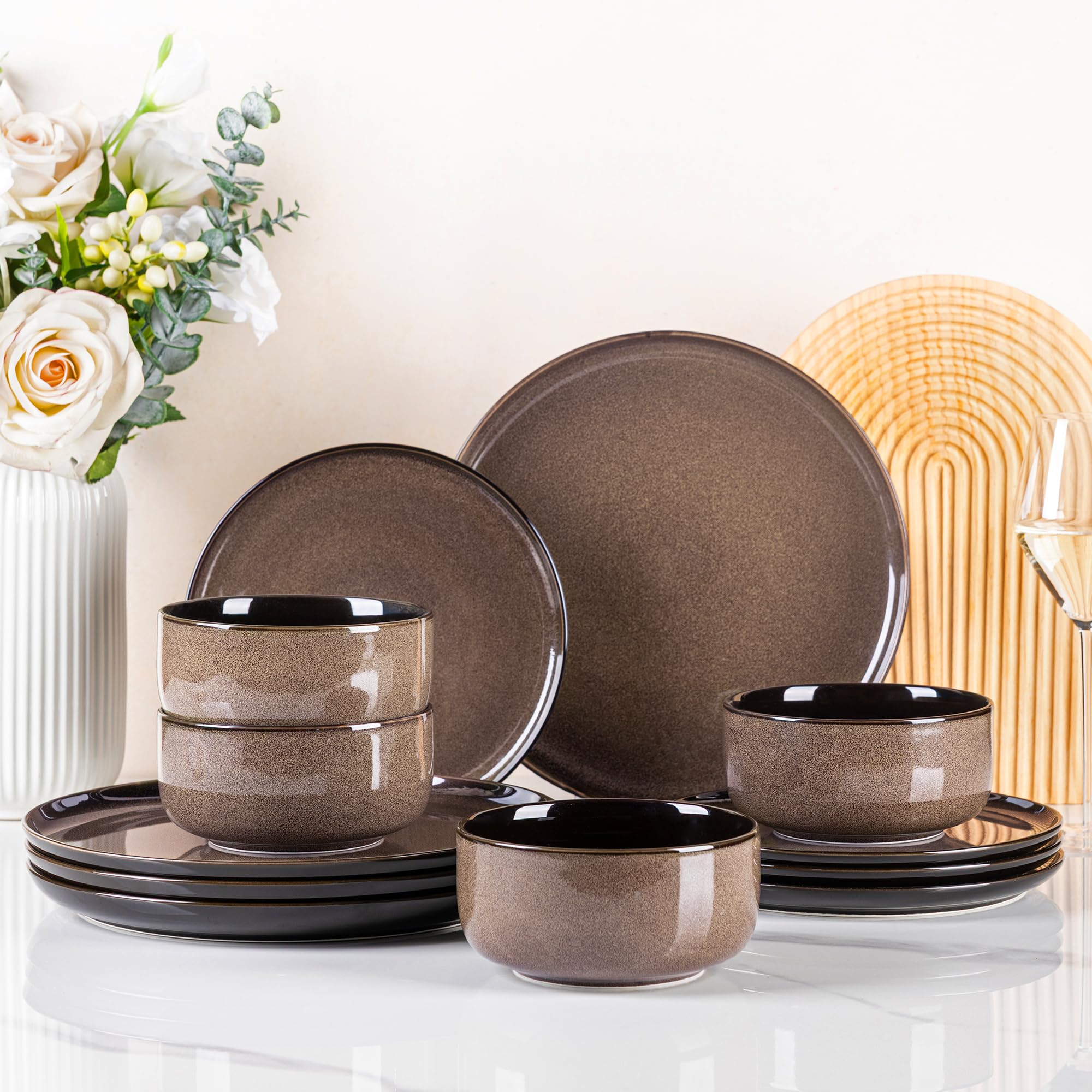 LERATIO Ceramic Dinnerware Sets for 8,Plates and Bowls Sets,Reactive Glaze Dishes Set,Highly Chip and Crack Resistant | Dishwasher & Microwave & Oven Safe Dishes set,Service for 8-Kahki (24pc)