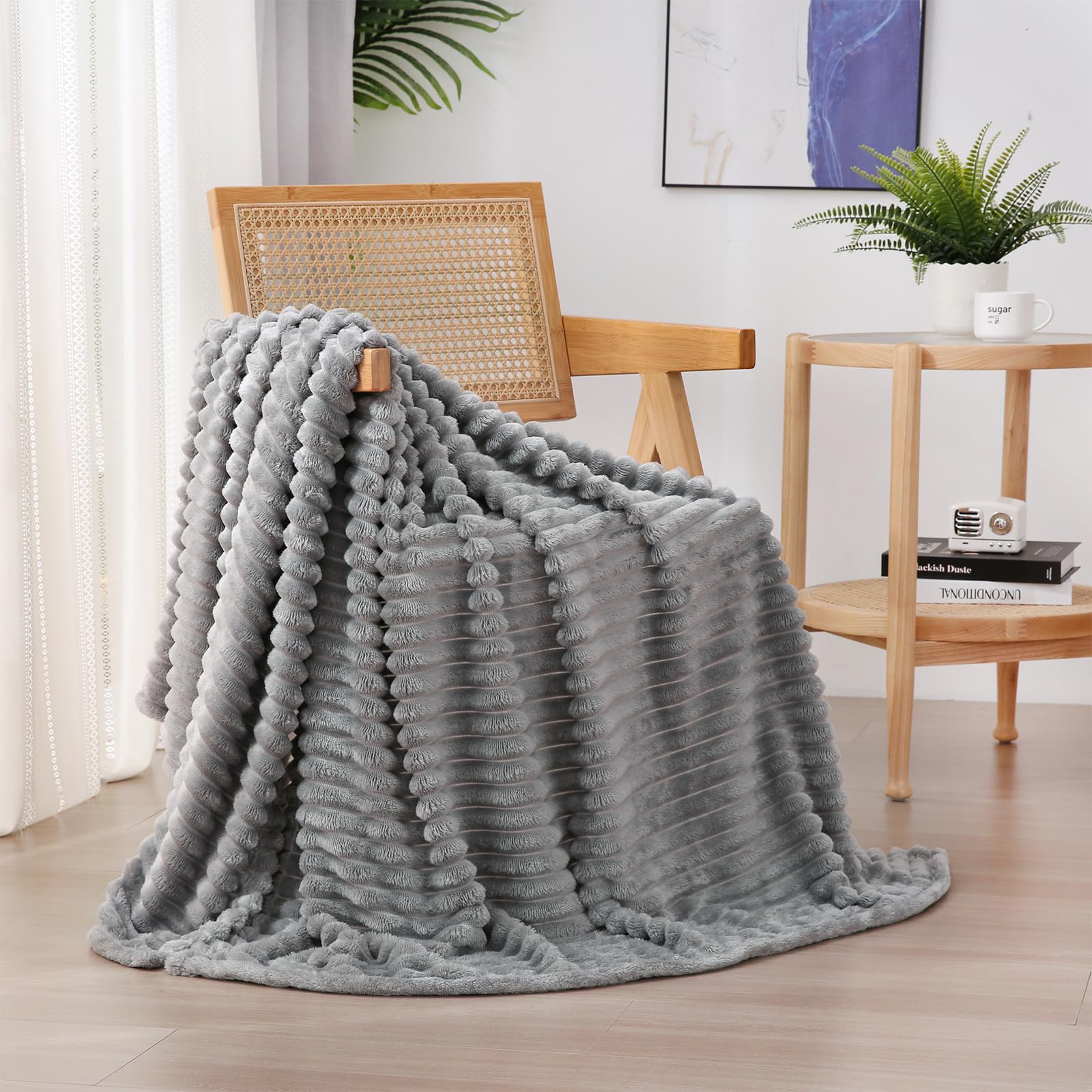Sage Green Fleece Throw Blanket 50”×60” for Couch Sofa Bed,Super Soft Cozy Plush Microfiber Flannel Blanket with Stripes Design Lightweight for Adults,Woman,Girls