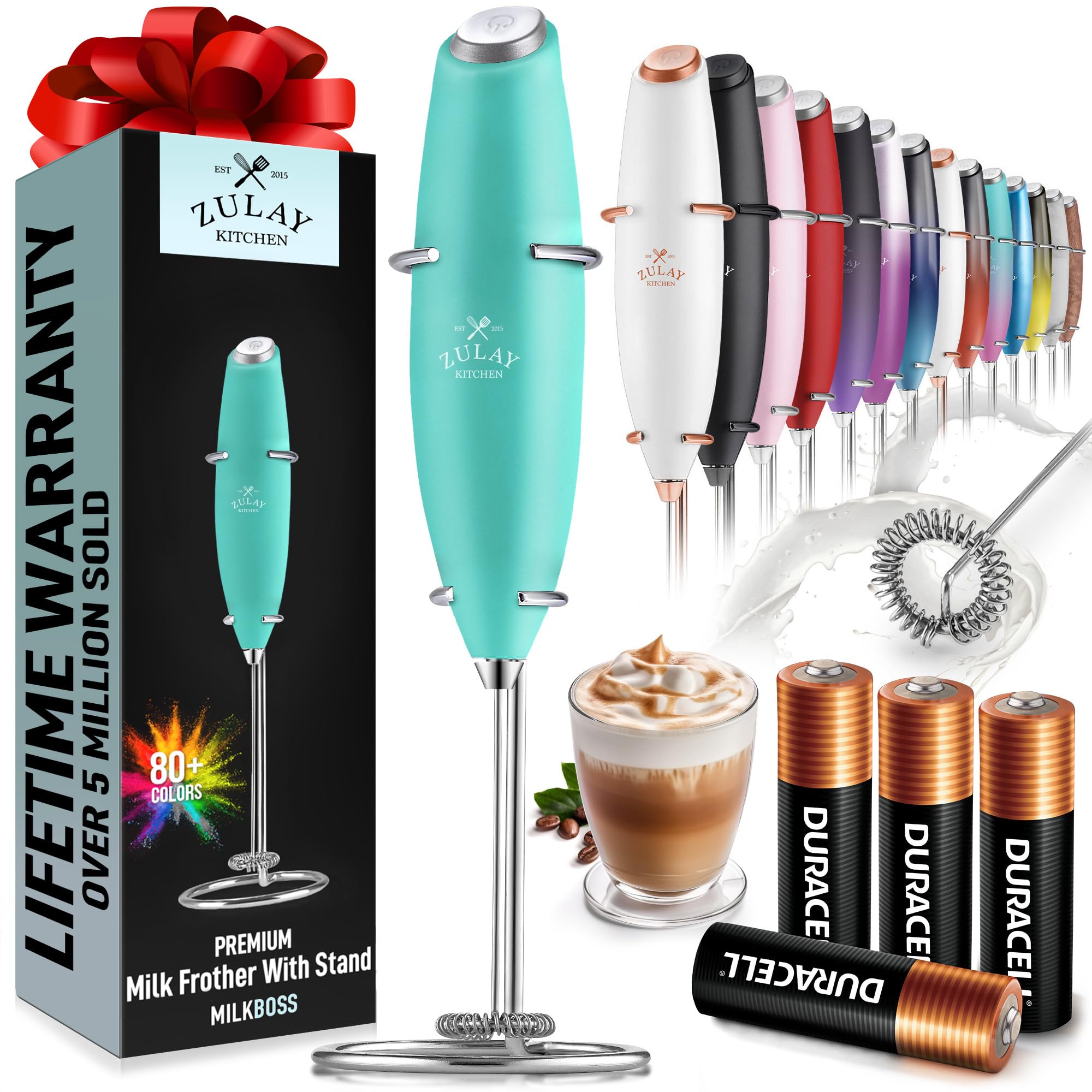 Zulay Kitchen Powerful Milk Frother Wand With 2 Duracell Batteries - Ultra Fast Handheld Drink Mixer - Electric Whisk Foam Maker for Coffee, Lattes, Cappuccino, Matcha, Hot Chocolate & Creamer - Black