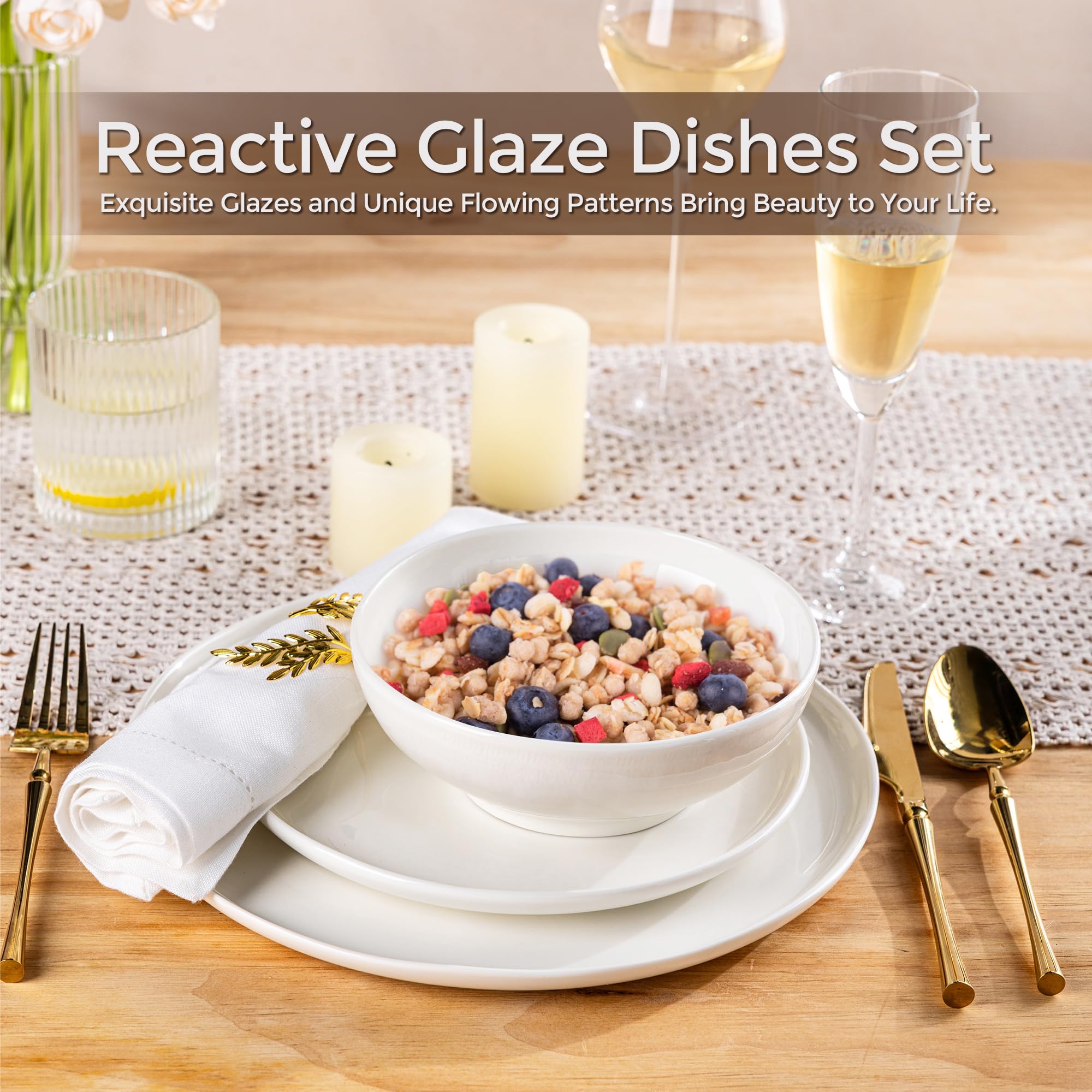 LERATIO Ceramic Dinnerware Sets for 8,Plates and Bowls Sets,Reactive Glaze Dishes Set,Highly Chip and Crack Resistant | Dishwasher & Microwave & Oven Safe Dishes set,Service for 8-Kahki (24pc)