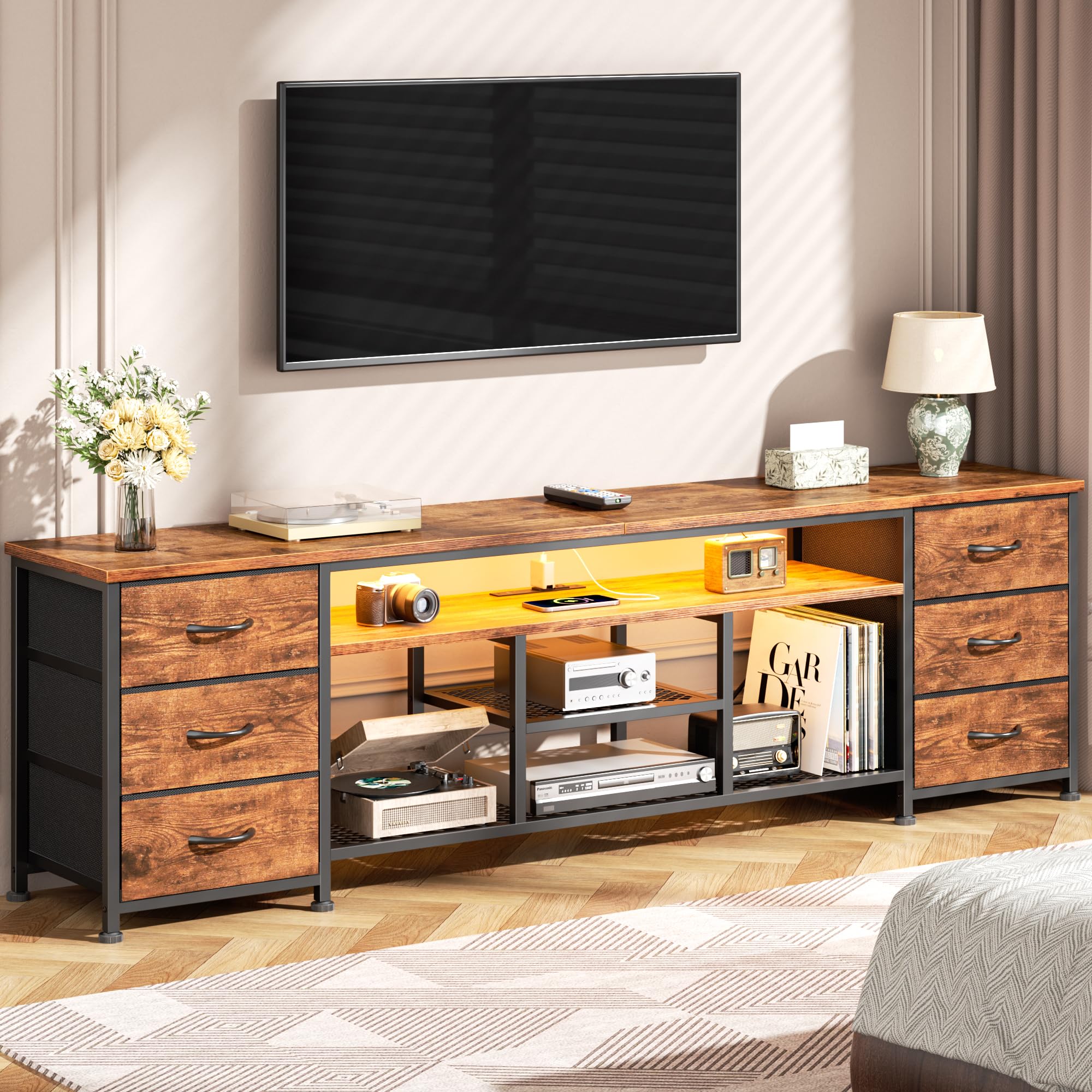 Furologee LED TV Stand for 65, 70 Inch TV, 63 Inch Entertainment Center with Power Outlets, 6 Fabric Drawers Dresser for Bedroom, Media Console with Open Shelves, Rustic Brown