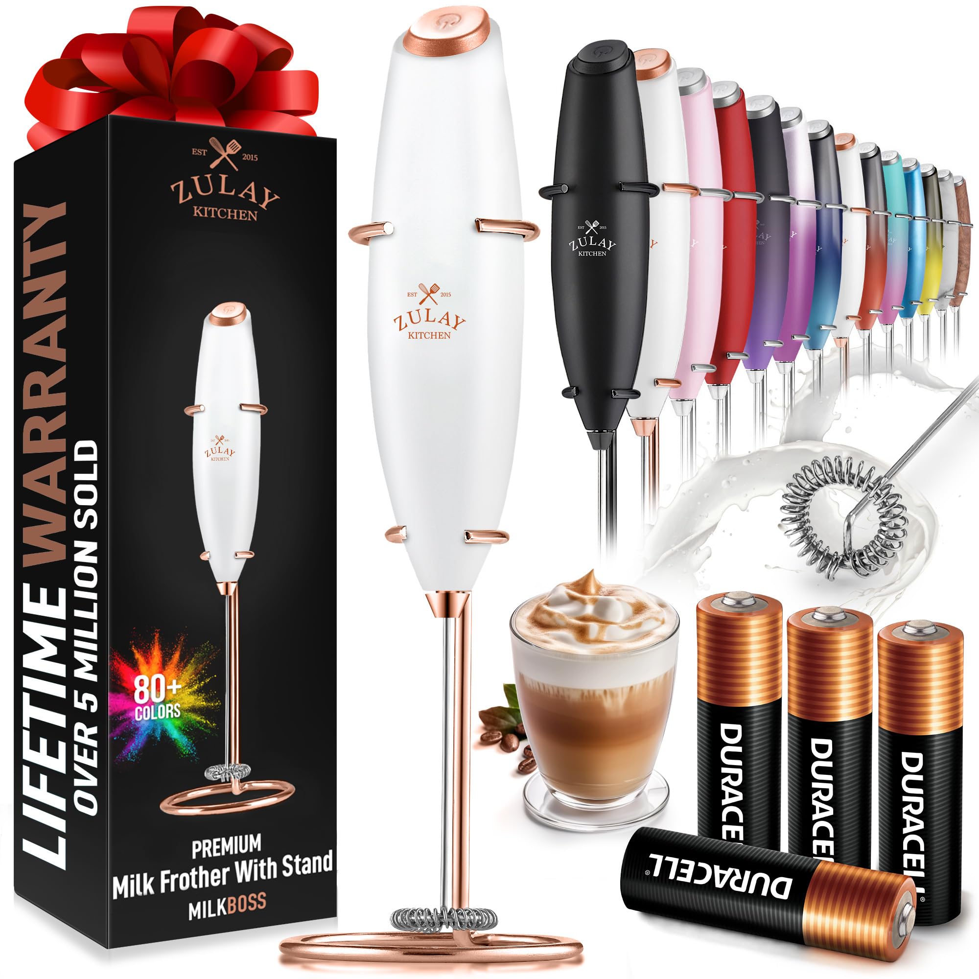 Zulay Kitchen Powerful Milk Frother Wand With 2 Duracell Batteries - Ultra Fast Handheld Drink Mixer - Electric Whisk Foam Maker for Coffee, Lattes, Cappuccino, Matcha, Hot Chocolate & Creamer - Black