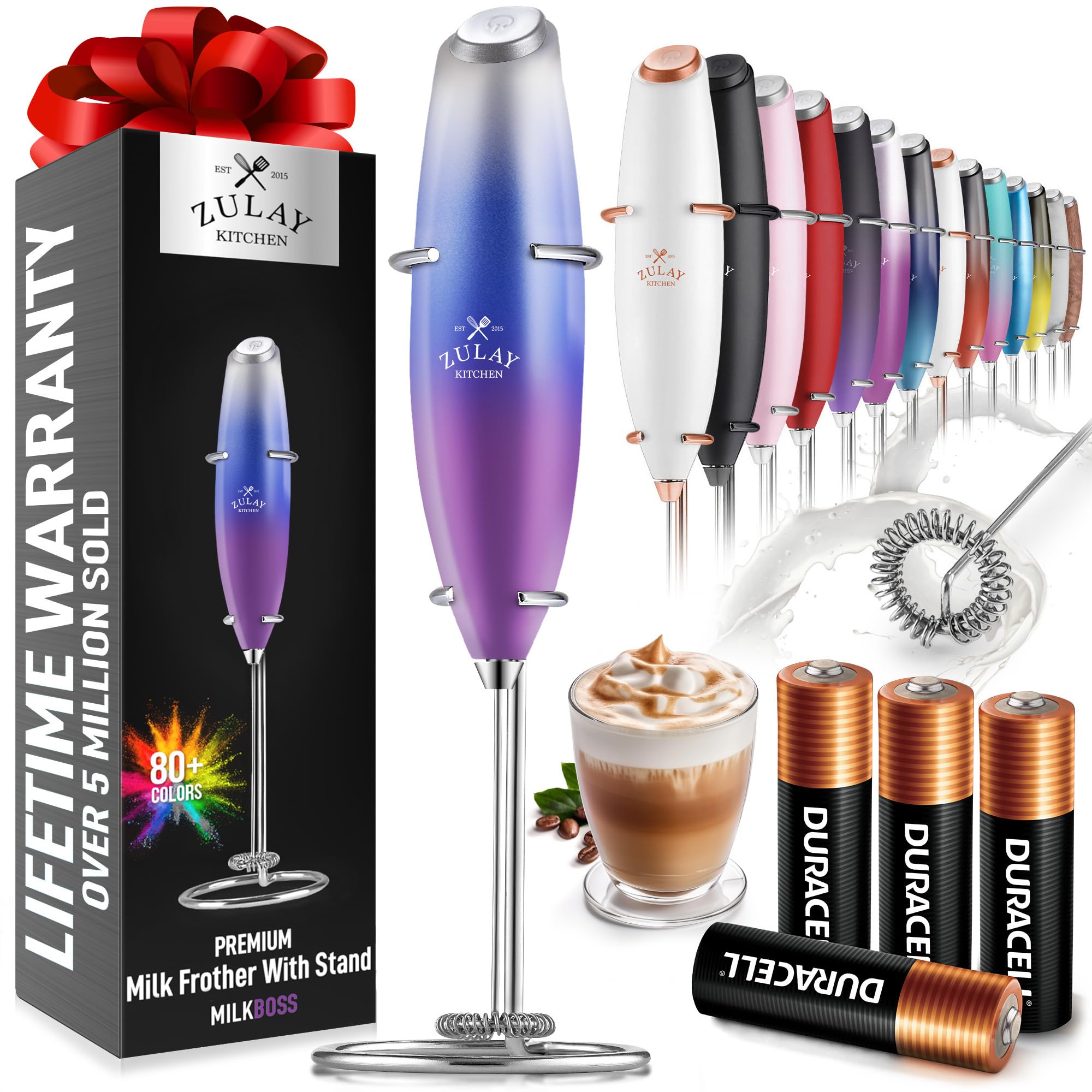 Zulay Kitchen Powerful Milk Frother Wand With 2 Duracell Batteries - Ultra Fast Handheld Drink Mixer - Electric Whisk Foam Maker for Coffee, Lattes, Cappuccino, Matcha, Hot Chocolate & Creamer - Black