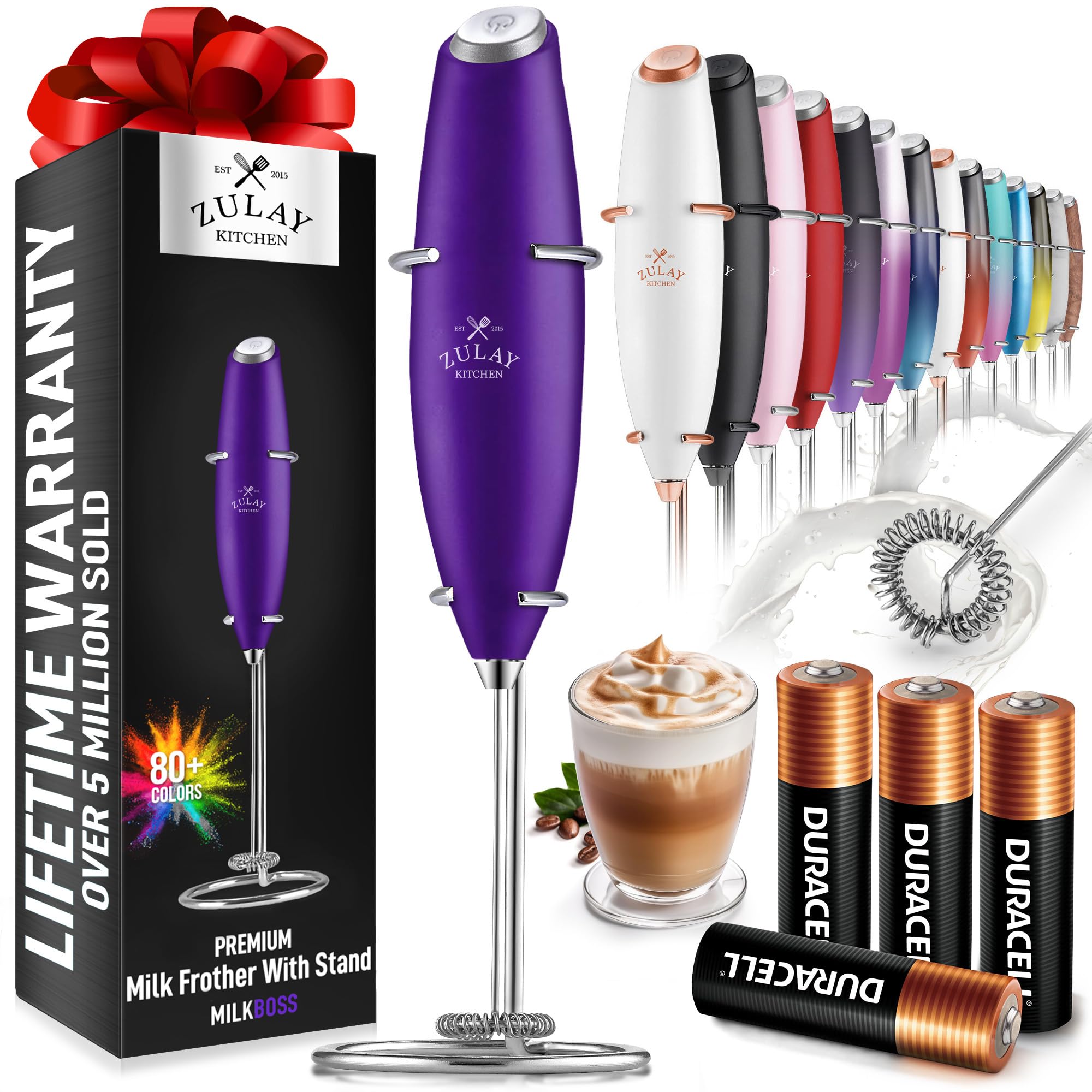 Zulay Kitchen Powerful Milk Frother Wand With 2 Duracell Batteries - Ultra Fast Handheld Drink Mixer - Electric Whisk Foam Maker for Coffee, Lattes, Cappuccino, Matcha, Hot Chocolate & Creamer - Black