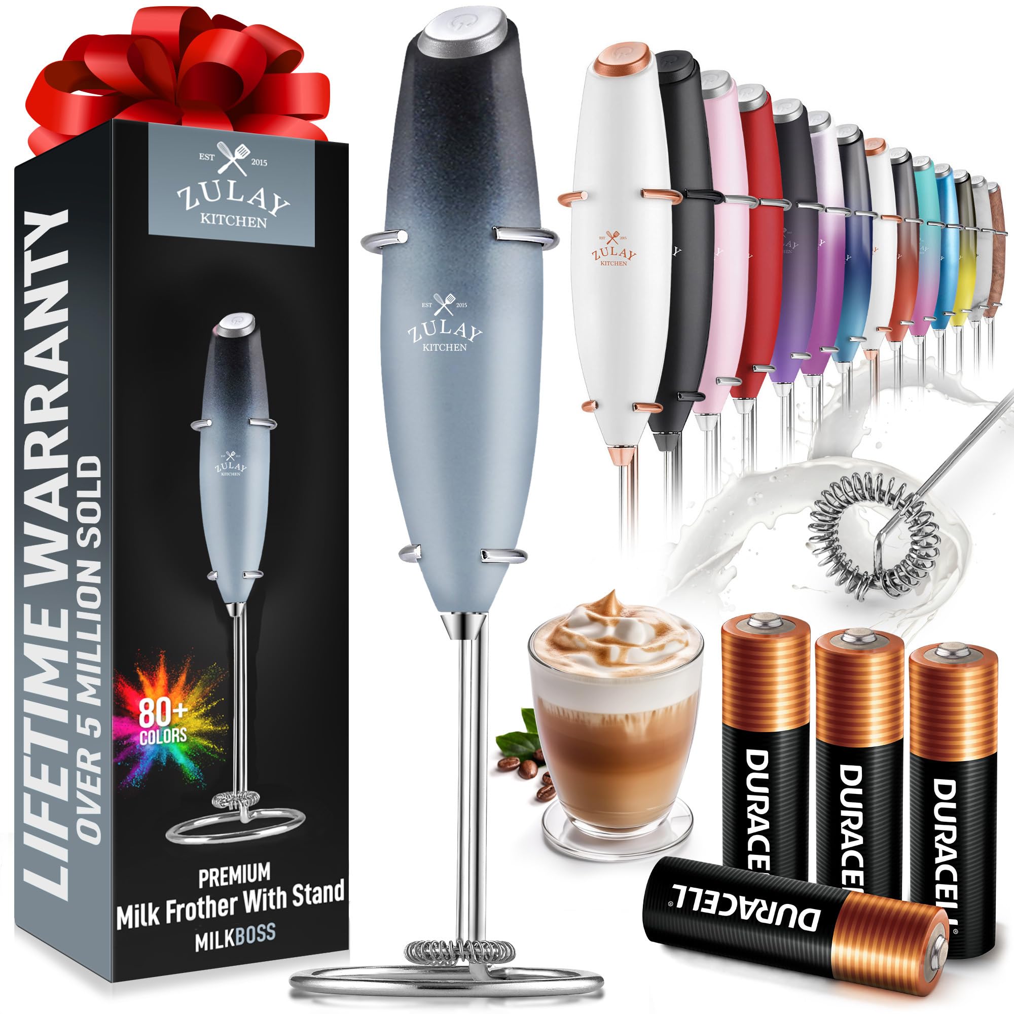Zulay Kitchen Powerful Milk Frother Wand With 2 Duracell Batteries - Ultra Fast Handheld Drink Mixer - Electric Whisk Foam Maker for Coffee, Lattes, Cappuccino, Matcha, Hot Chocolate & Creamer - Black