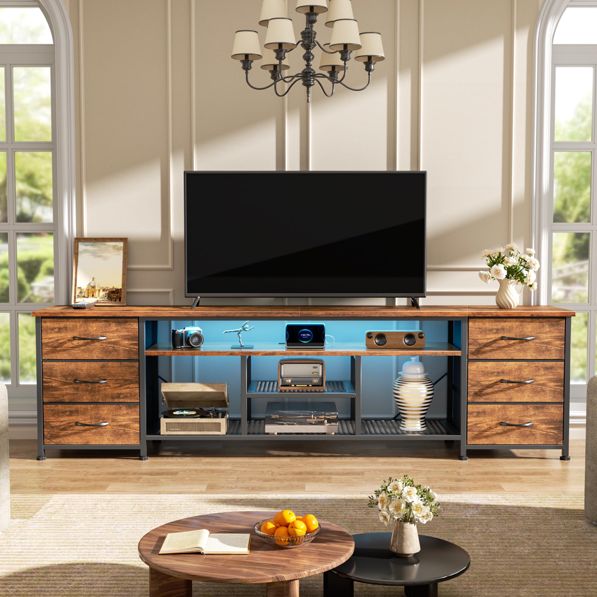 Furologee LED TV Stand for 65, 70 Inch TV, 63 Inch Entertainment Center with Power Outlets, 6 Fabric Drawers Dresser for Bedroom, Media Console with Open Shelves, Rustic Brown