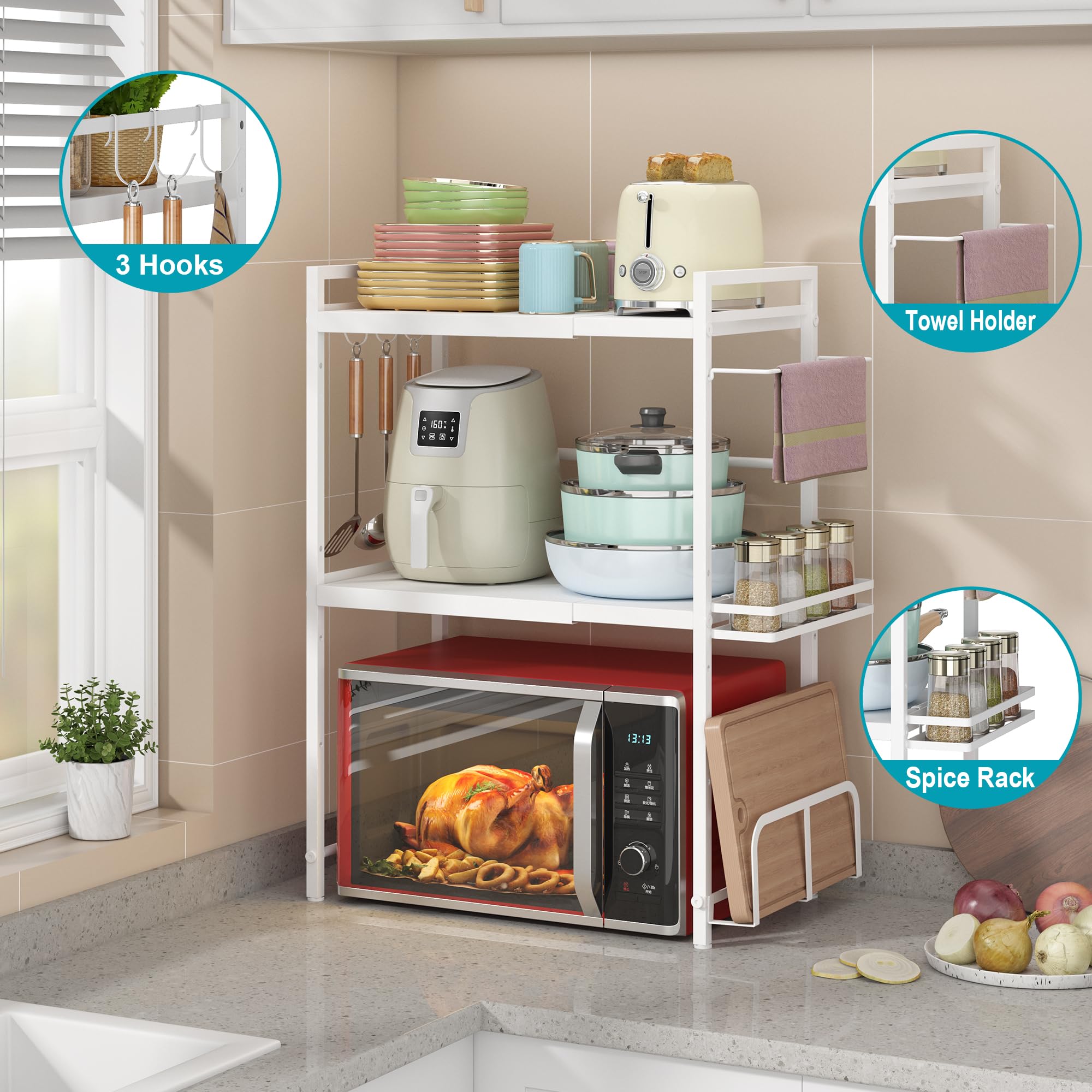 DOLALIKE Microwave Oven Rack, Expandable Microwave Stand Countertop Kitchen Utensils Tableware Storage, Carbon Steel Over Microwave Shelf Countertop with 3 Hooks