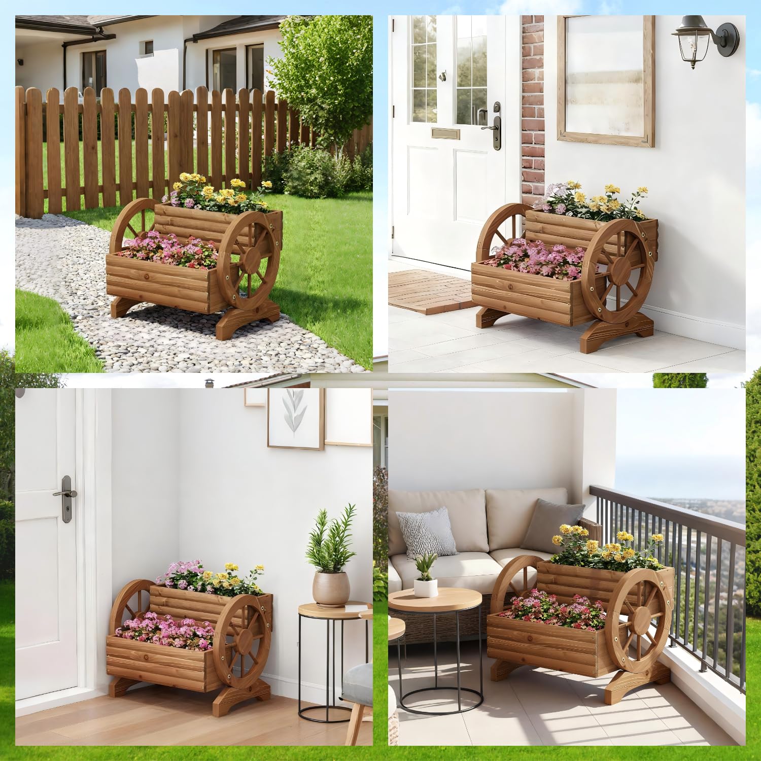 Wooden Wagon Planter Wooden Flower Cart with Wheels Outdoor Garden Planter, Decor Planter for Patio Balcony Decoration Succulent Flower Pot for Indoor Backyard Balcon planters (Carbonized)