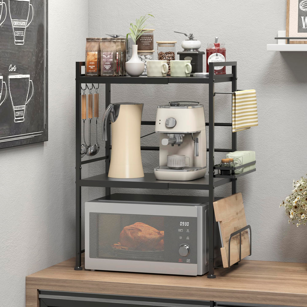 DOLALIKE Microwave Oven Rack, Expandable Microwave Stand Countertop Kitchen Utensils Tableware Storage, Carbon Steel Over Microwave Shelf Countertop with 3 Hooks