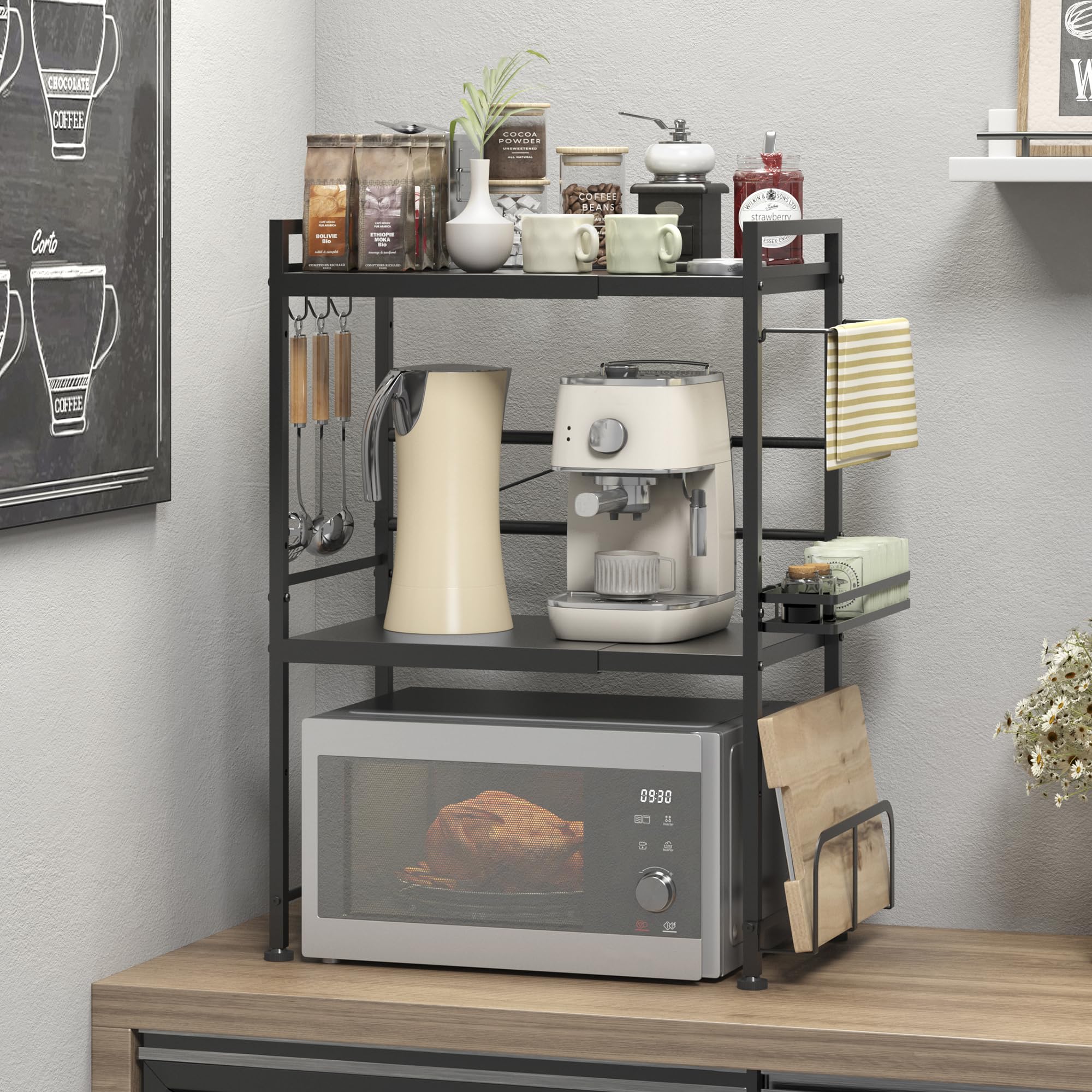 DOLALIKE Microwave Oven Rack, Expandable Microwave Stand Countertop Kitchen Utensils Tableware Storage, Carbon Steel Over Microwave Shelf Countertop with 3 Hooks