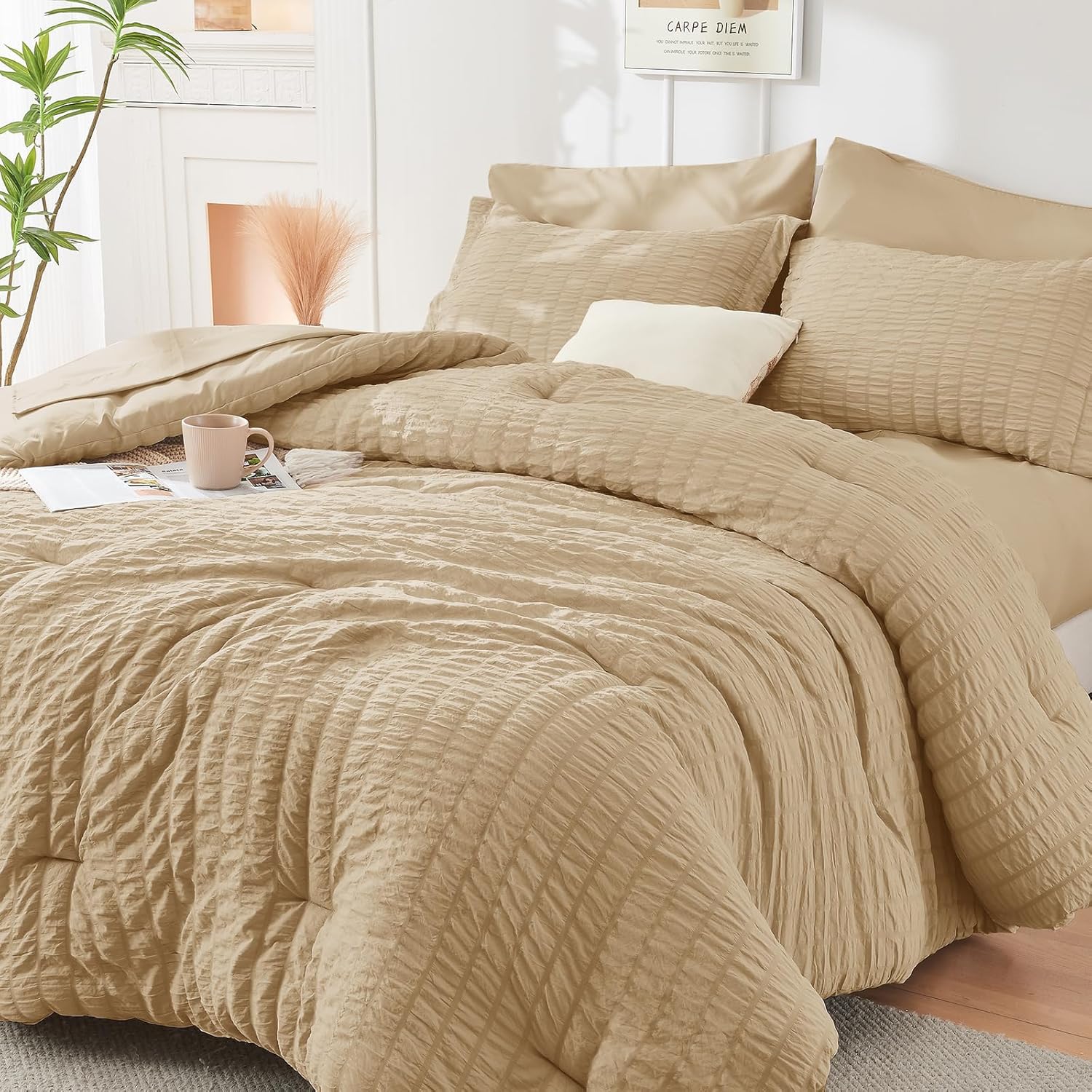 HYMOKEGE Queen Comforter Set Seersucker 7 Pieces, All Season Luxury Bed in a Bag for Bedroom, Bedding Set with Comforters, Sheets, Pillowcases & Shams, Dark Grey