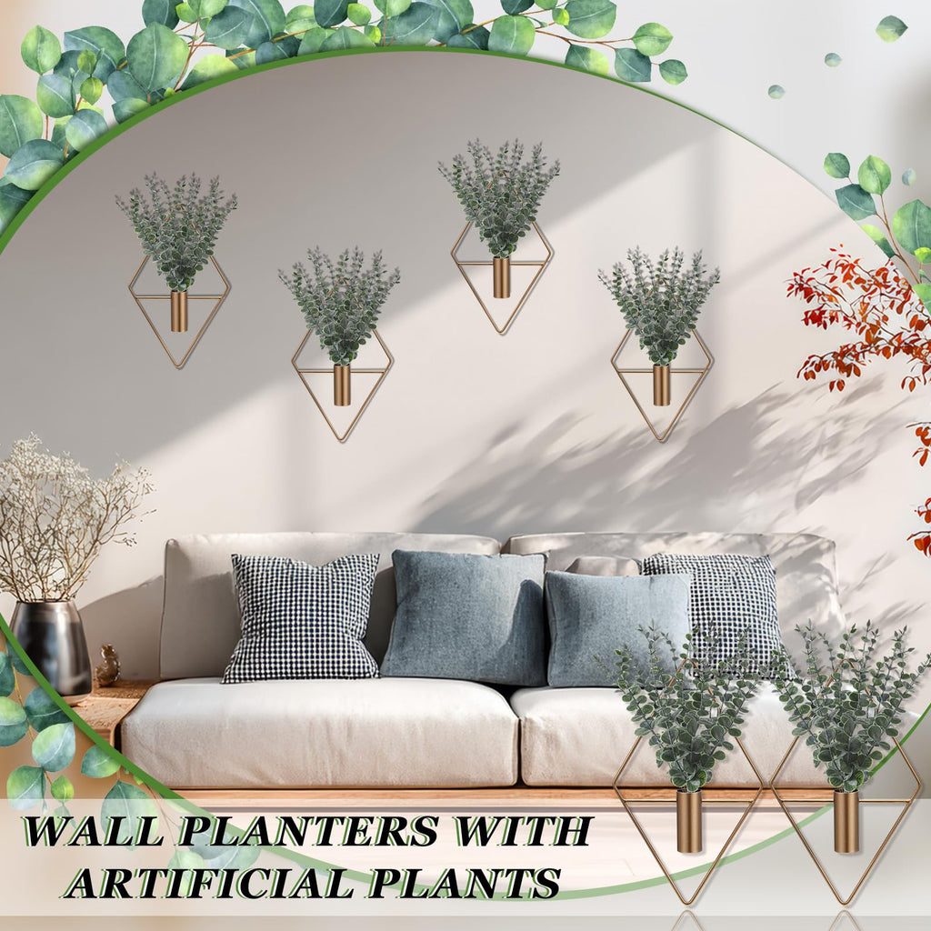 Jexine 4 Pcs Hanging Planters with Artificial Eucalyptus Metal Hanging Vase Indoor Plants Holder Modern Geometric Boho Bathroom Wall Decor for Living Room Home Office(Black)
