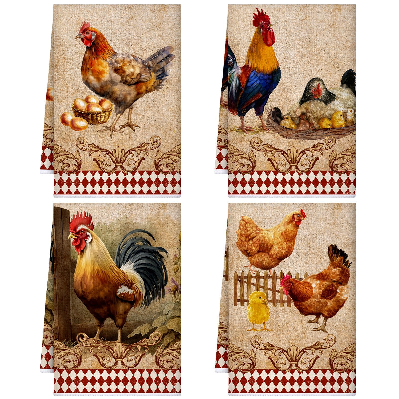 Geyoga 4 Pcs Chicken Kitchen Towels Rooster Dish Hand Towels Farm Animal Cow Vintage Rustic Tea Cloth for Spring Easter Bathroom Farmhouse Decor Gifts, 16 x 24 Inch(Classic Color,Rooster)