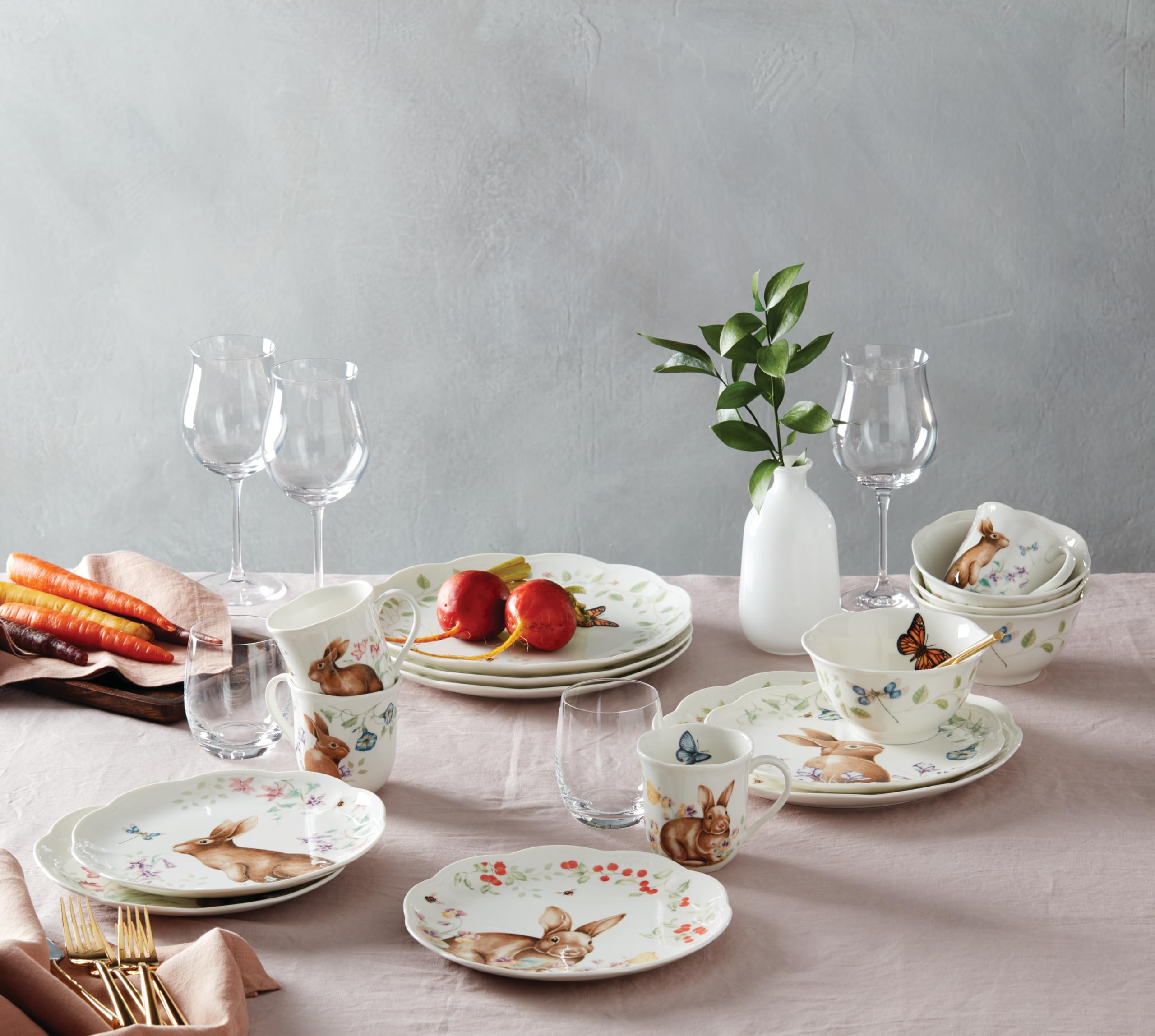 Lenox Dinnerware Set, Butterfly Meadow Bunny 16-Piece Set, Service For 4, Dishwasher Safe, Microwave Safe, Made Of Porcelain, Bowls And Mugs, Plates And Bowls, Easter Dish (Assorted, 16 Pieces)