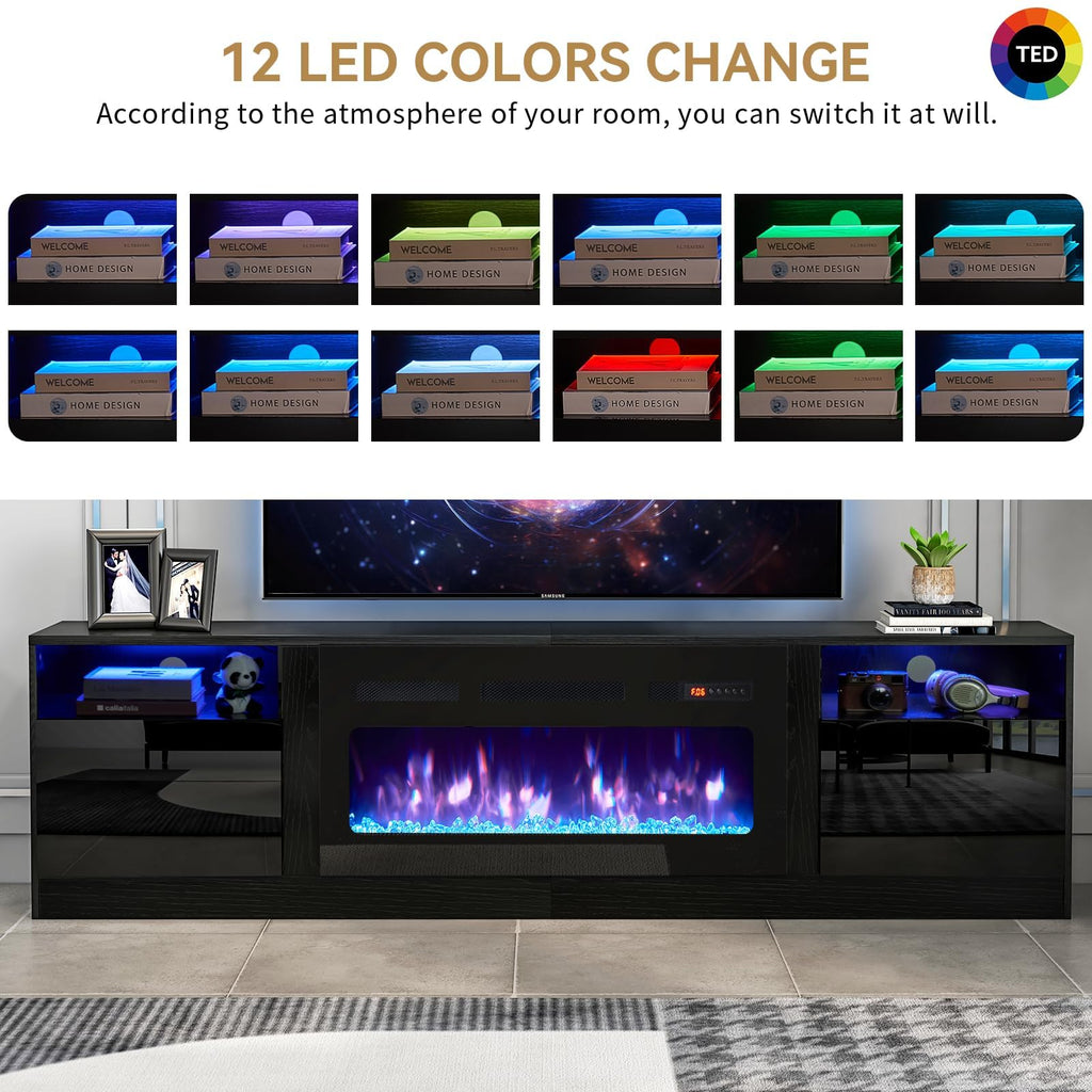 oneinmil Fireplace TV Stand with 36" Electric Fireplace, LED Light Entertainment Center, Modern Wood Texture Entertainment Stand with Highlight Storage Cabinet for TVs Up to 80", 70 inches, Black