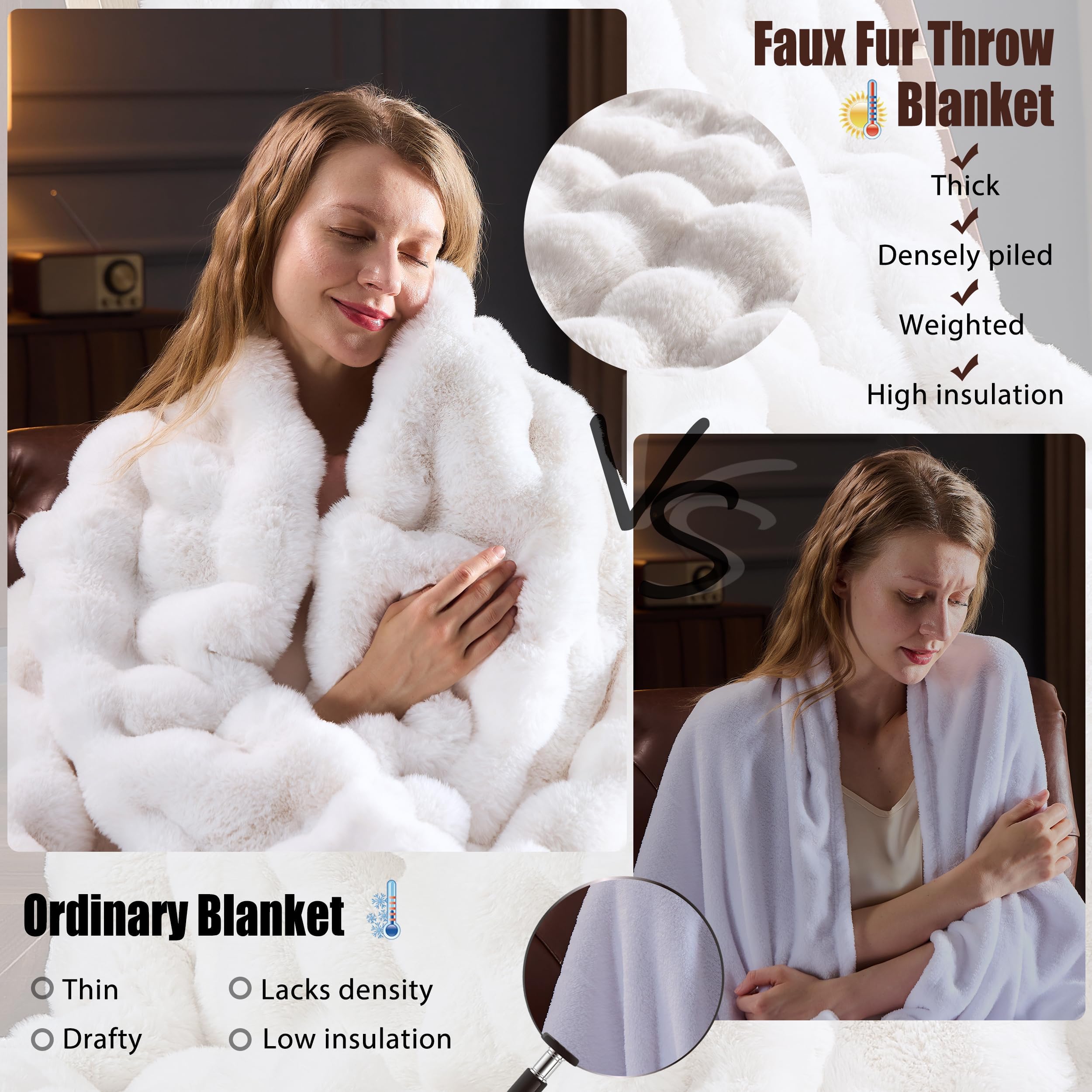 Faux Fur Throw Blanket for Couch, Fluffy Fuzzy Plush Bubble Blanket, Soft Warm Cozy Shaggy Rabbit Blanket, Luxury Decorative Gifts for Sofa Bedroom Living Room, 60x50inch (Cow Print-Brown)