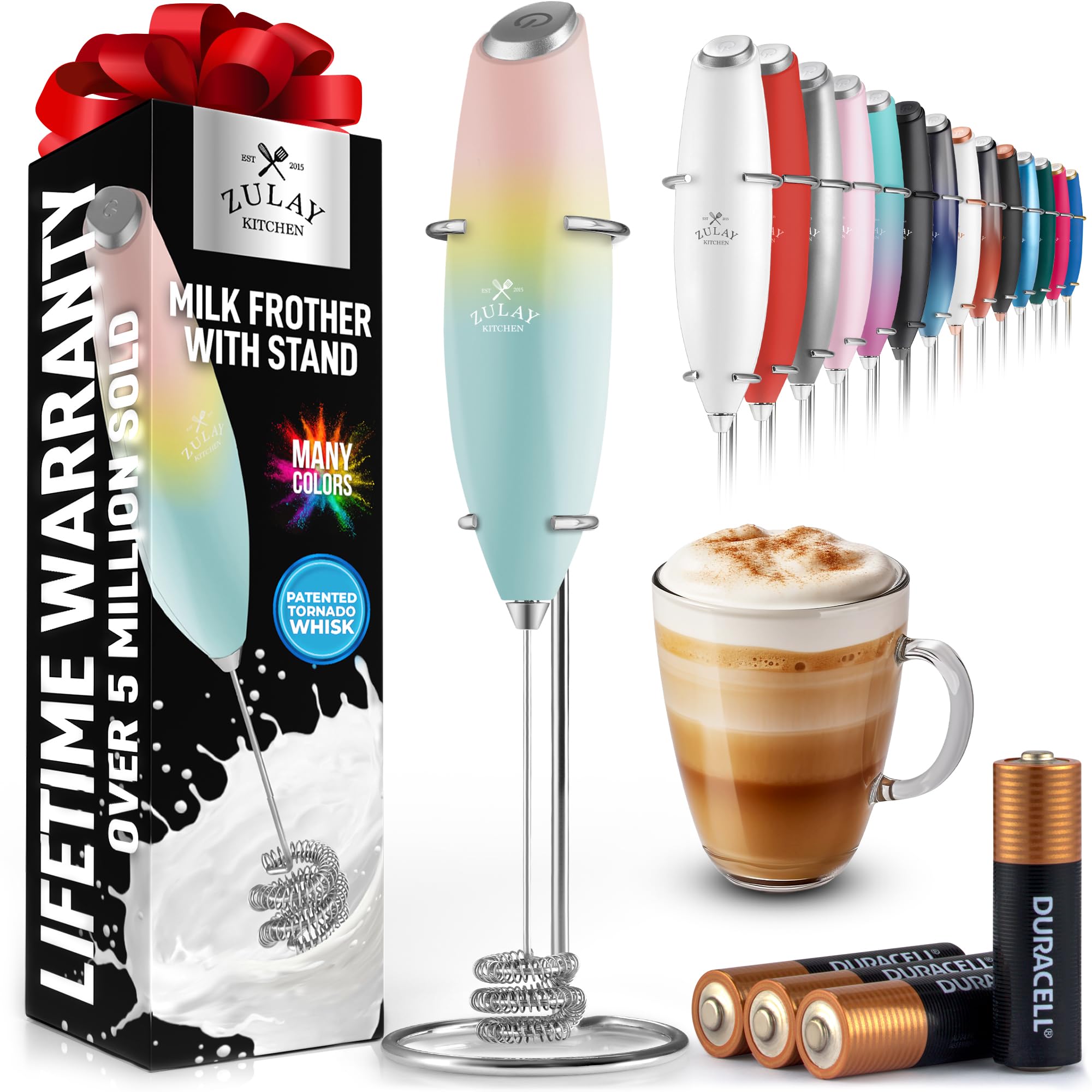 Zulay Kitchen Powerful Milk Frother Wand With 2 Duracell Batteries - Ultra Fast Handheld Drink Mixer - Electric Whisk Foam Maker for Coffee, Lattes, Cappuccino, Matcha, Hot Chocolate & Creamer - Black