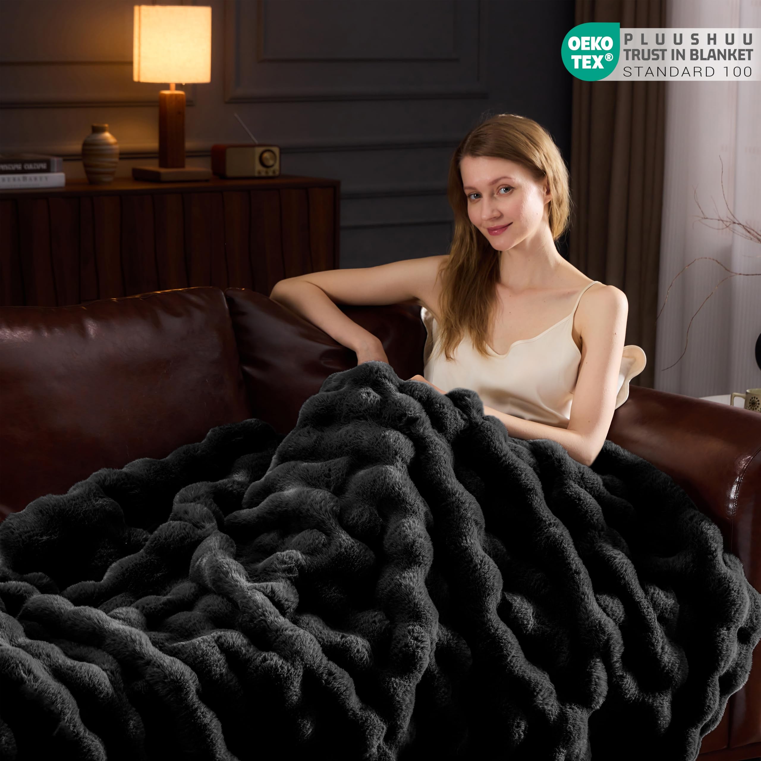 Faux Fur Throw Blanket for Couch, Fluffy Fuzzy Plush Bubble Blanket, Soft Warm Cozy Shaggy Rabbit Blanket, Luxury Decorative Gifts for Sofa Bedroom Living Room, 60x50inch (Cow Print-Brown)