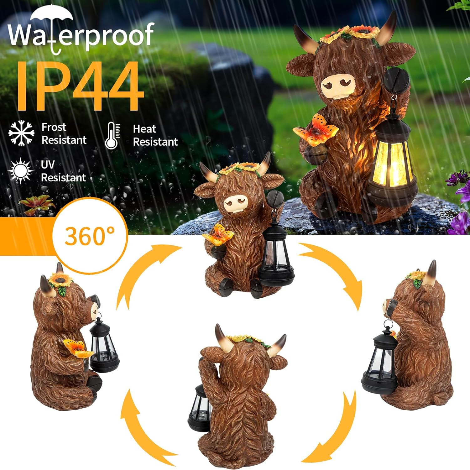 Solar Highland Cow Outdoor Statues for Garden,Outside Decor with Latern for Yard Lawn Ornaments Porch Patio Balcony Home,Birthday Easter Gifts for Grandma Mom Women