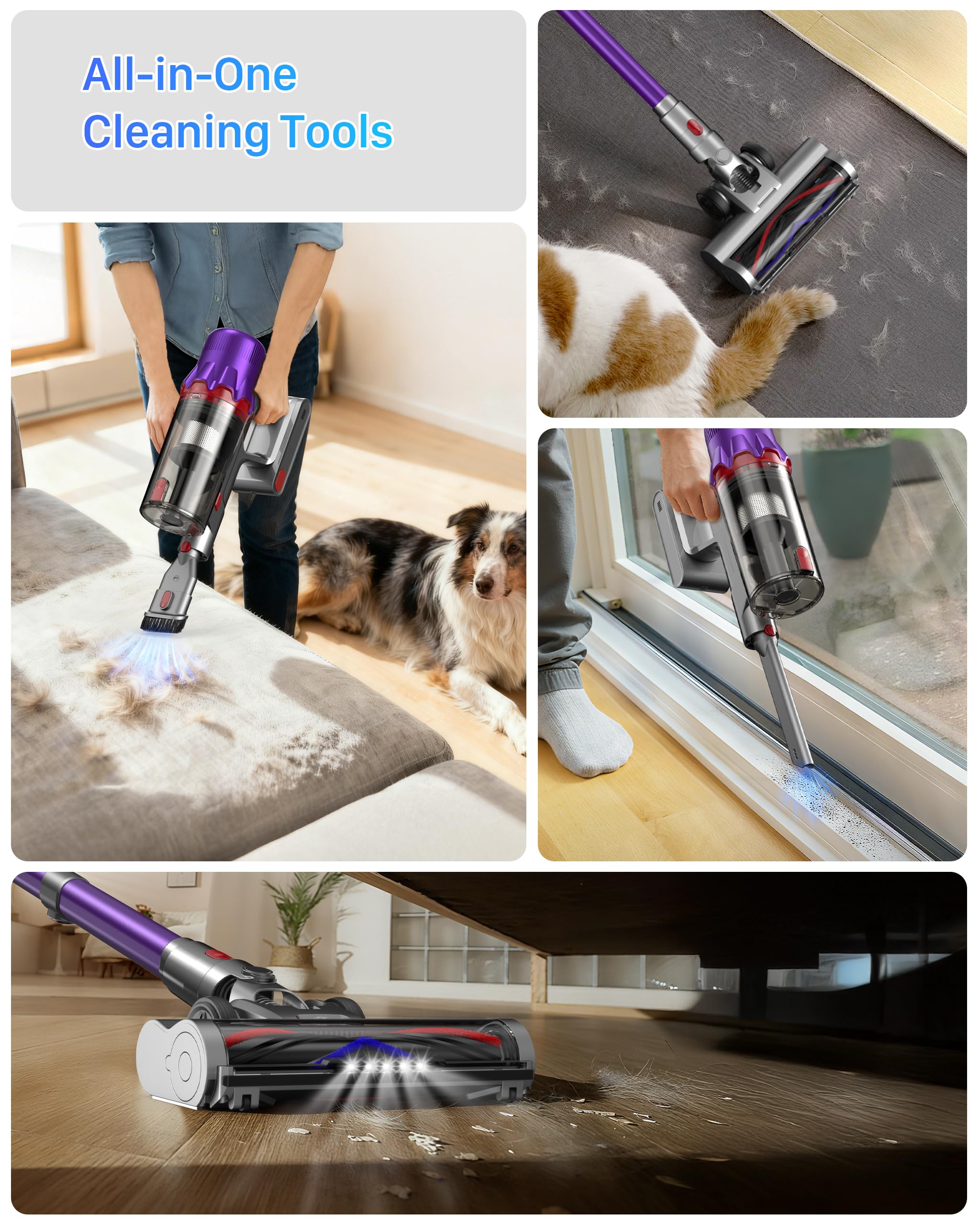 Cordless Vacuum Cleaner for Home - Powerful Stick Vacuum with HEPA Filter, 55-Min Runtime, LED Light, Anti-Tangle Brush, Detachable Battery,Lightweight Vacuum for Pet Hair,Carpets & Hard Floors