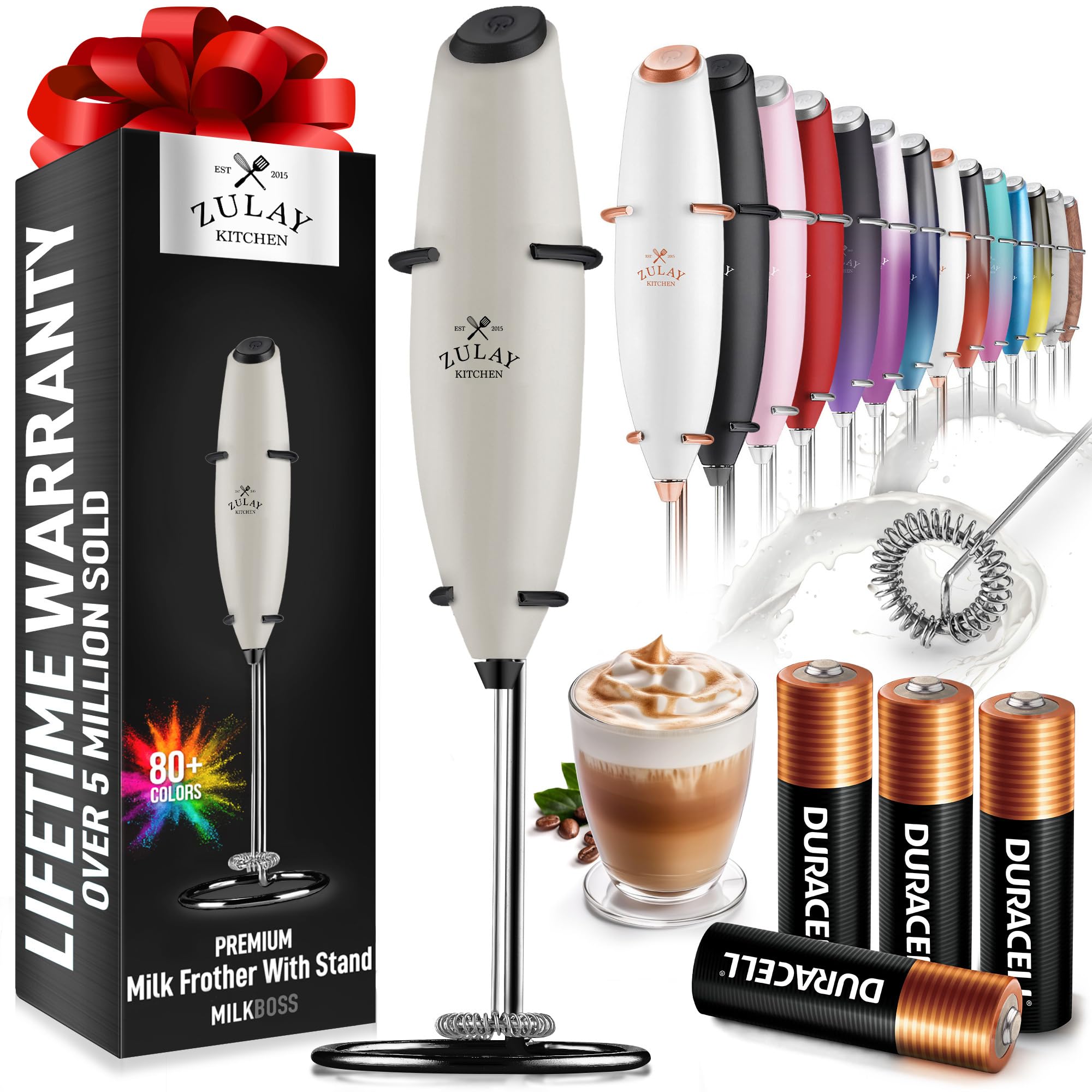 Zulay Kitchen Powerful Milk Frother Wand With 2 Duracell Batteries - Ultra Fast Handheld Drink Mixer - Electric Whisk Foam Maker for Coffee, Lattes, Cappuccino, Matcha, Hot Chocolate & Creamer - Black