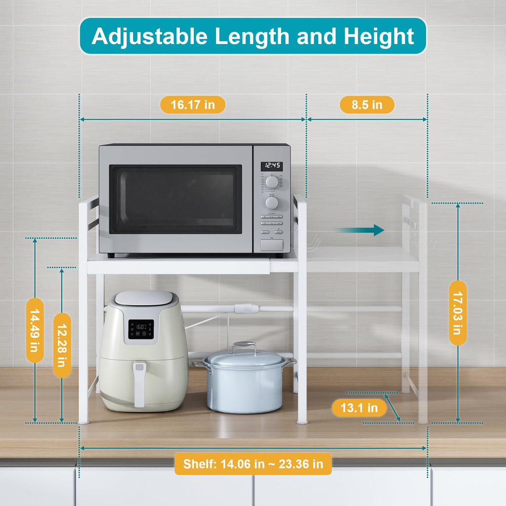DOLALIKE Microwave Oven Rack, Expandable Microwave Stand Countertop Kitchen Utensils Tableware Storage, Carbon Steel Over Microwave Shelf Countertop with 3 Hooks