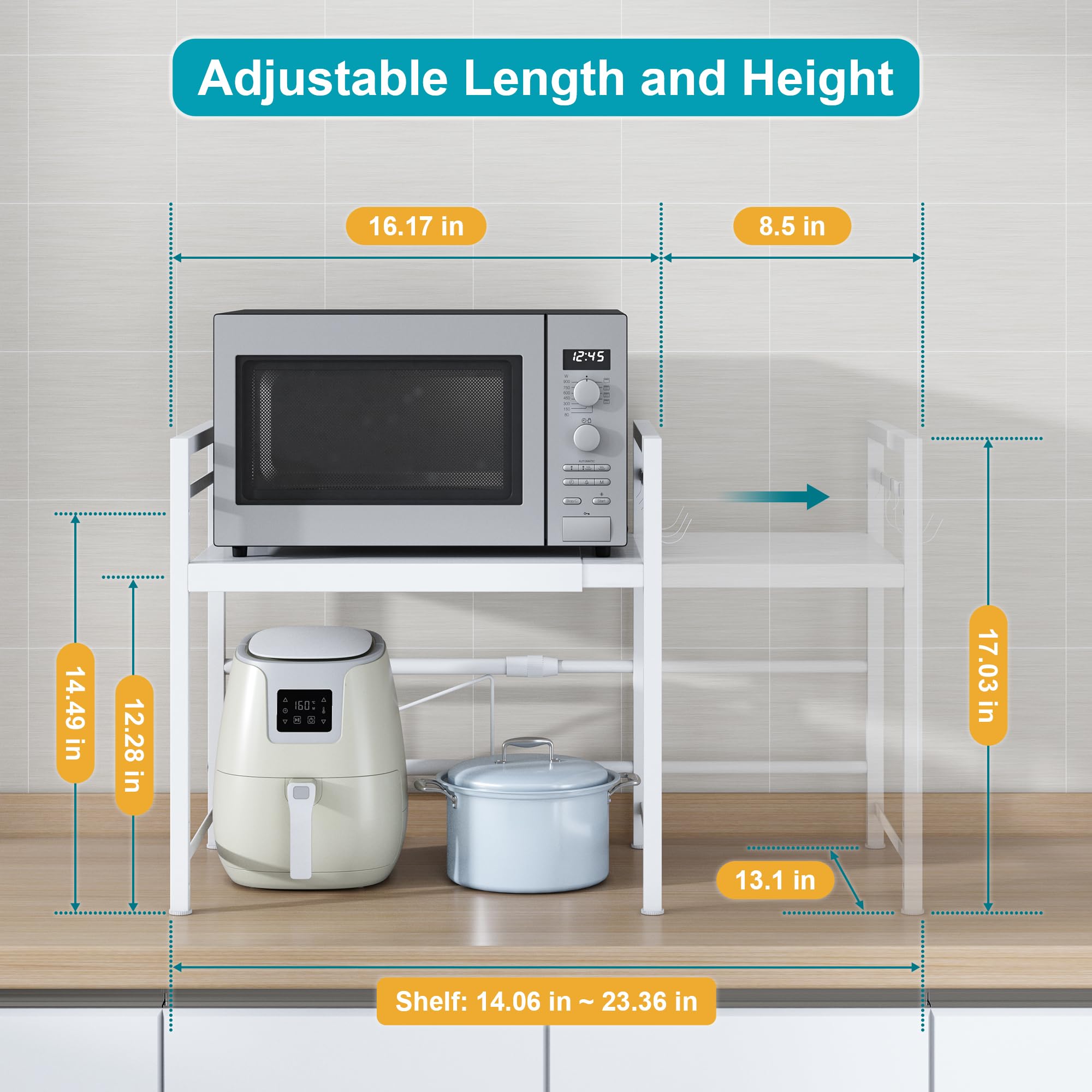 DOLALIKE Microwave Oven Rack, Expandable Microwave Stand Countertop Kitchen Utensils Tableware Storage, Carbon Steel Over Microwave Shelf Countertop with 3 Hooks