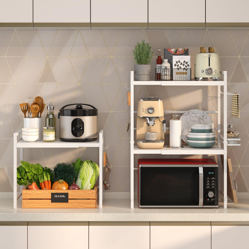 DOLALIKE Microwave Oven Rack, Expandable Microwave Stand Countertop Kitchen Utensils Tableware Storage, Carbon Steel Over Microwave Shelf Countertop with 3 Hooks