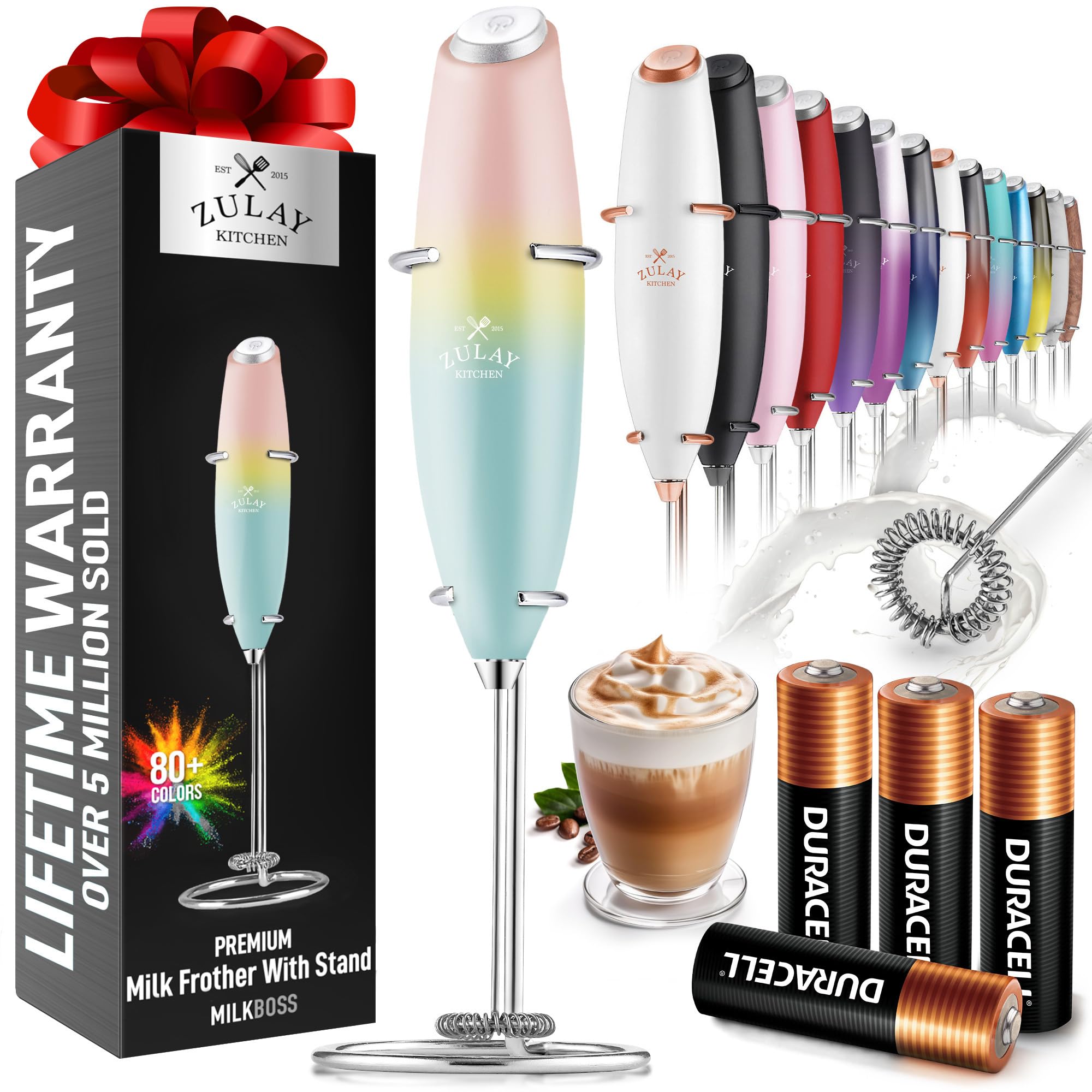 Zulay Kitchen Powerful Milk Frother Wand With 2 Duracell Batteries - Ultra Fast Handheld Drink Mixer - Electric Whisk Foam Maker for Coffee, Lattes, Cappuccino, Matcha, Hot Chocolate & Creamer - Black