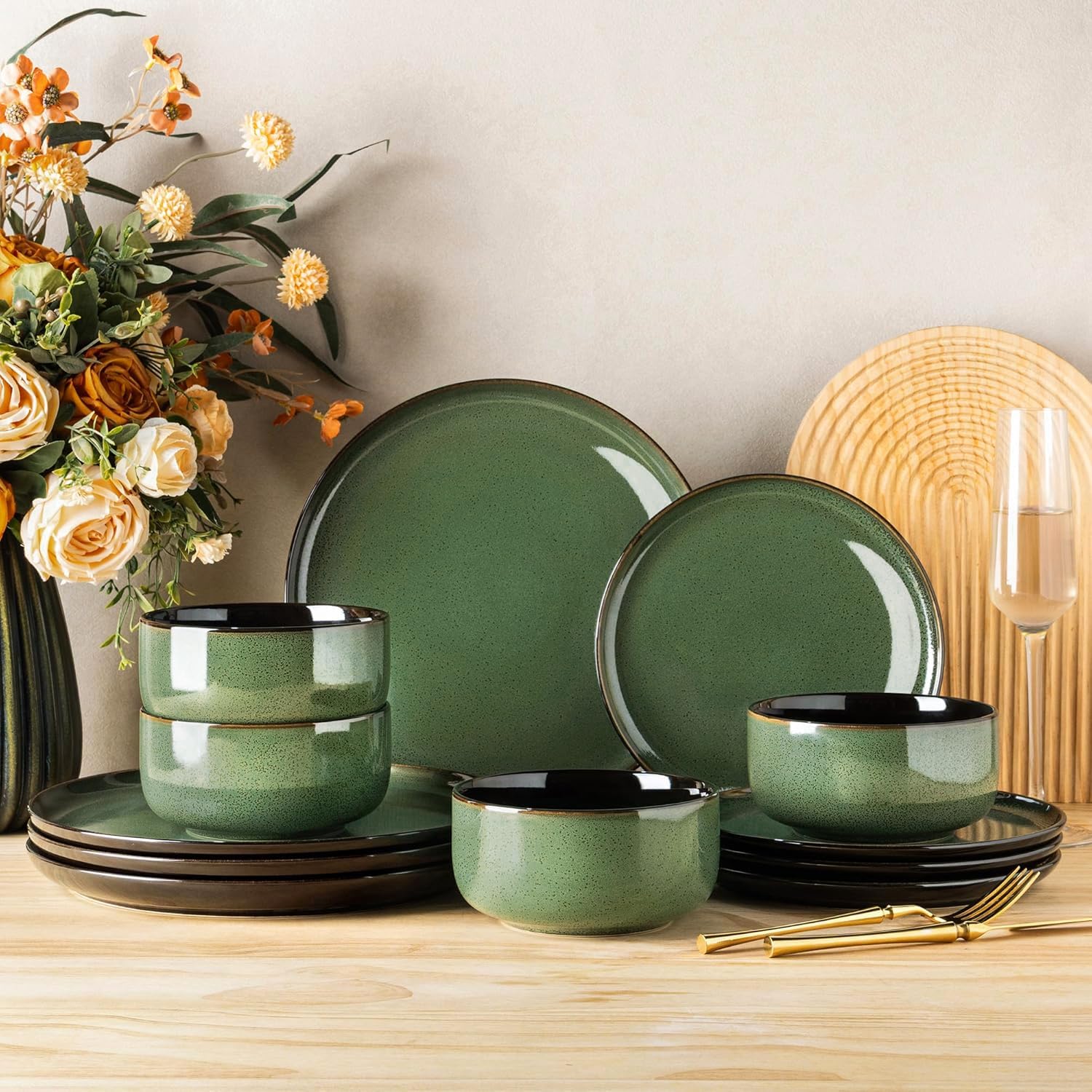 LERATIO Ceramic Dinnerware Sets for 8,Plates and Bowls Sets,Reactive Glaze Dishes Set,Highly Chip and Crack Resistant | Dishwasher & Microwave & Oven Safe Dishes set,Service for 8-Kahki (24pc)