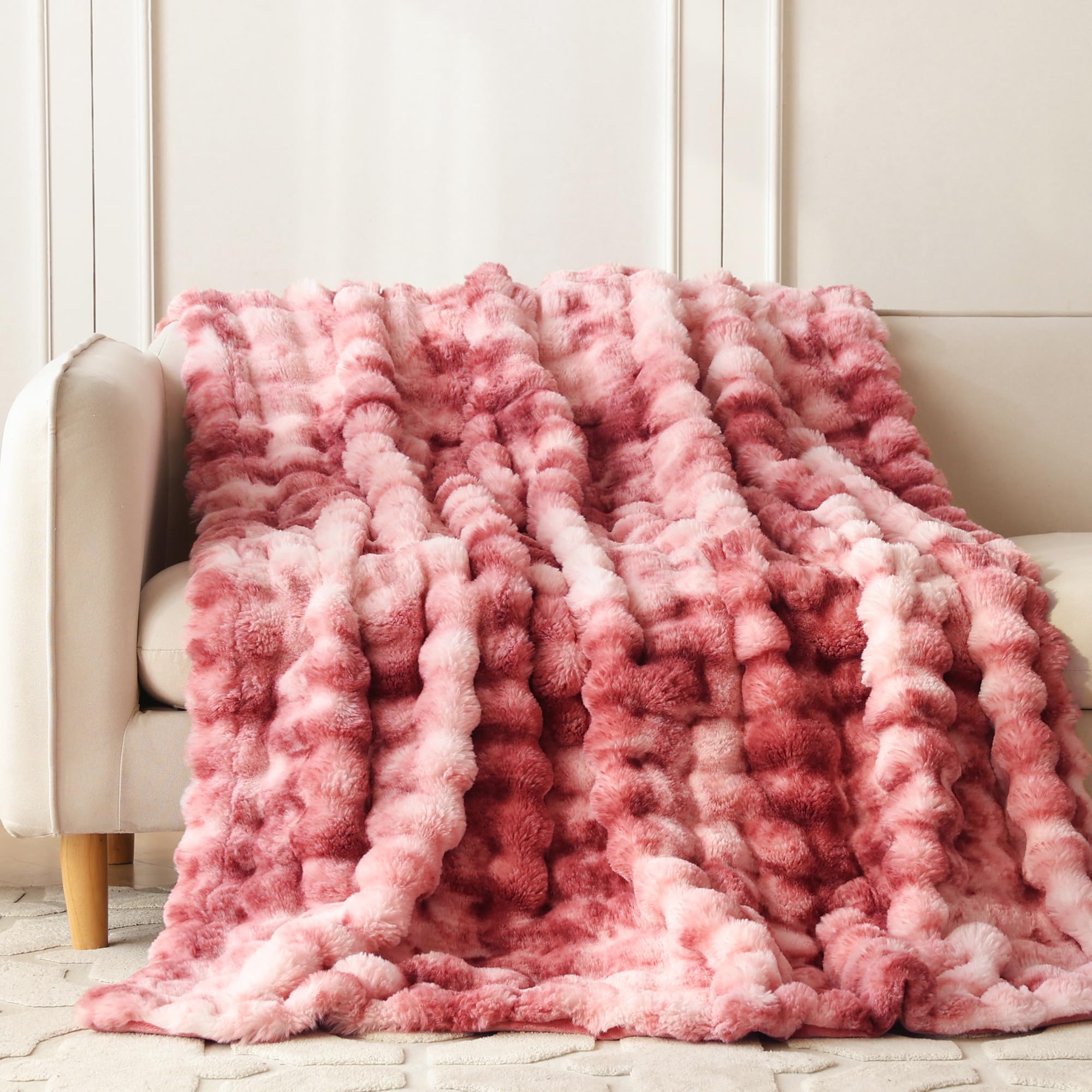 COOVA Faux Fur Throw Blanket for Couch, Cozy Soft and Fuzzy Plush Rabbit Fur Bubble Blanket for Sofa Bedroom Living Room, 50x60 Inches Tie Dye Brown