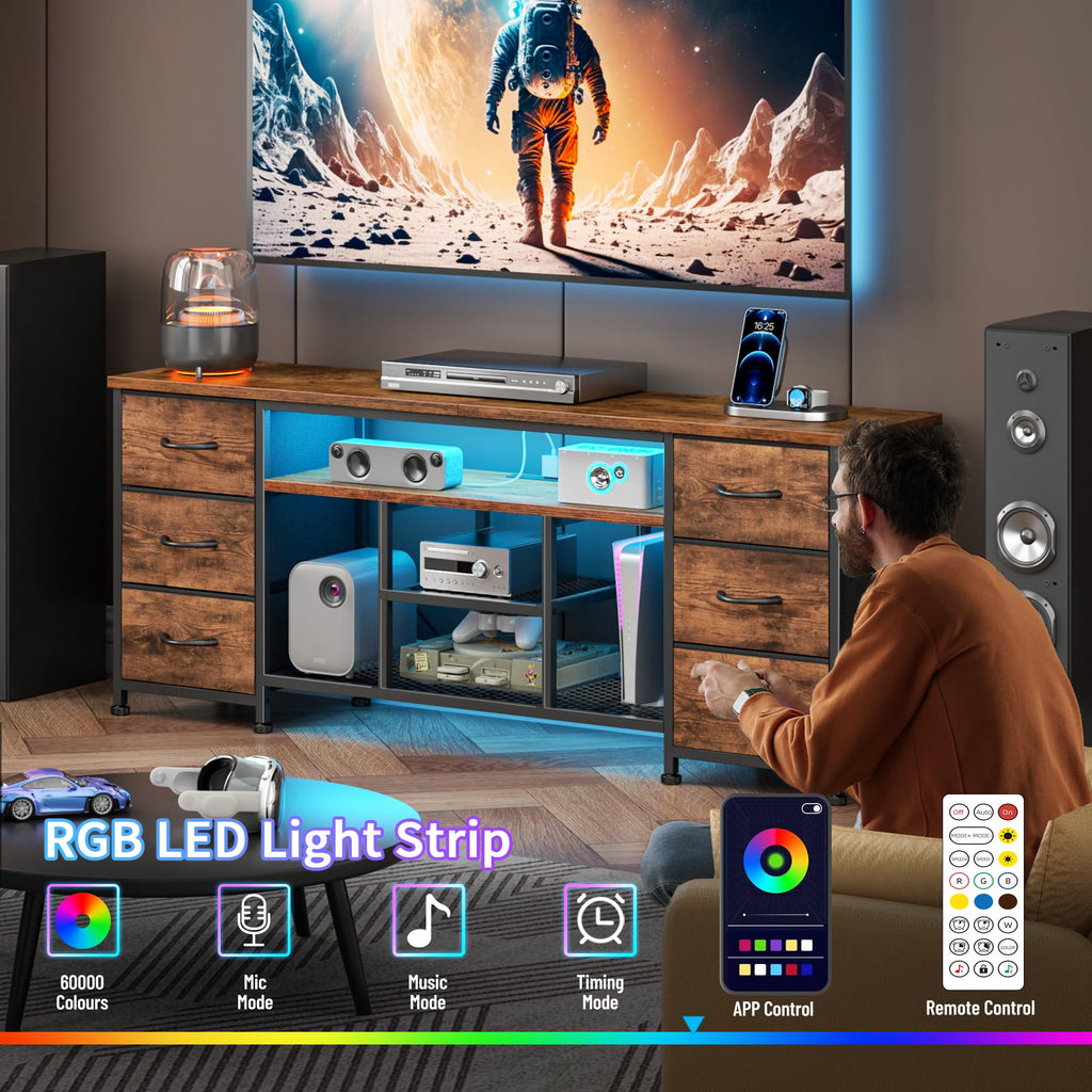 Furologee LED TV Stand for 65, 70 Inch TV, 63 Inch Entertainment Center with Power Outlets, 6 Fabric Drawers Dresser for Bedroom, Media Console with Open Shelves, Rustic Brown