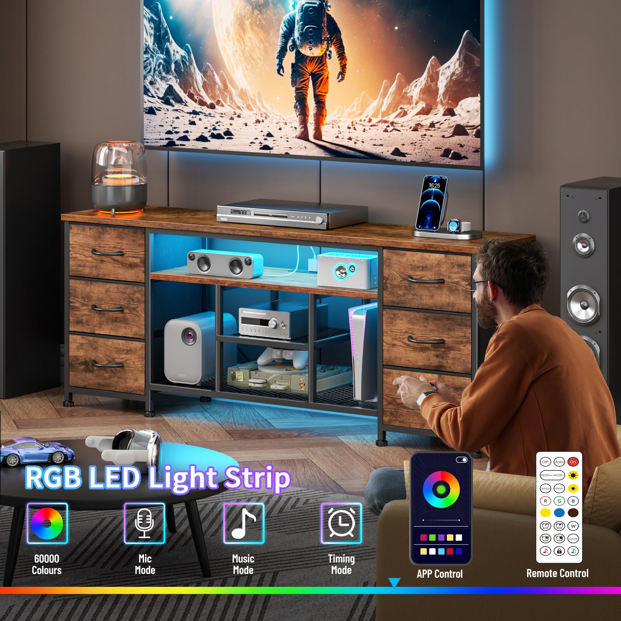 Furologee LED TV Stand for 65, 70 Inch TV, 63 Inch Entertainment Center with Power Outlets, 6 Fabric Drawers Dresser for Bedroom, Media Console with Open Shelves, Rustic Brown