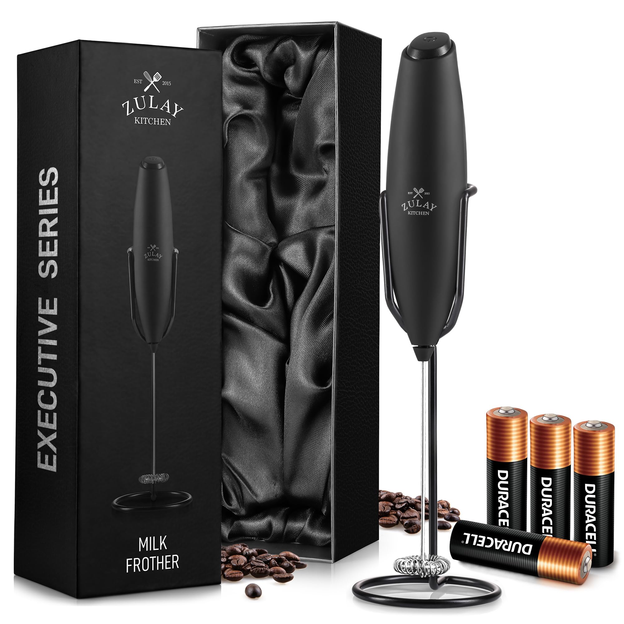 Zulay Kitchen Powerful Milk Frother Wand With 2 Duracell Batteries - Ultra Fast Handheld Drink Mixer - Electric Whisk Foam Maker for Coffee, Lattes, Cappuccino, Matcha, Hot Chocolate & Creamer - Black