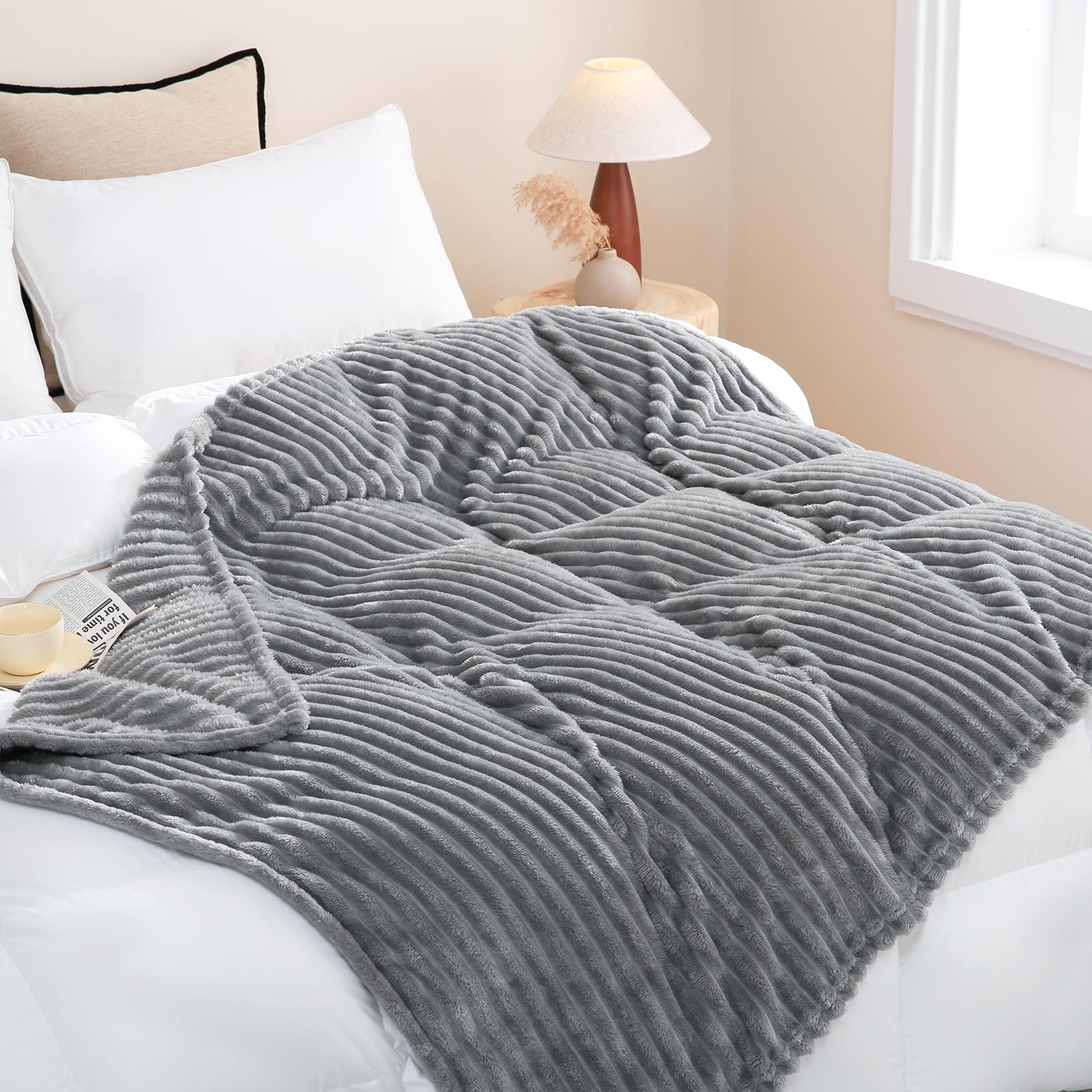 Sage Green Fleece Throw Blanket 50”×60” for Couch Sofa Bed,Super Soft Cozy Plush Microfiber Flannel Blanket with Stripes Design Lightweight for Adults,Woman,Girls