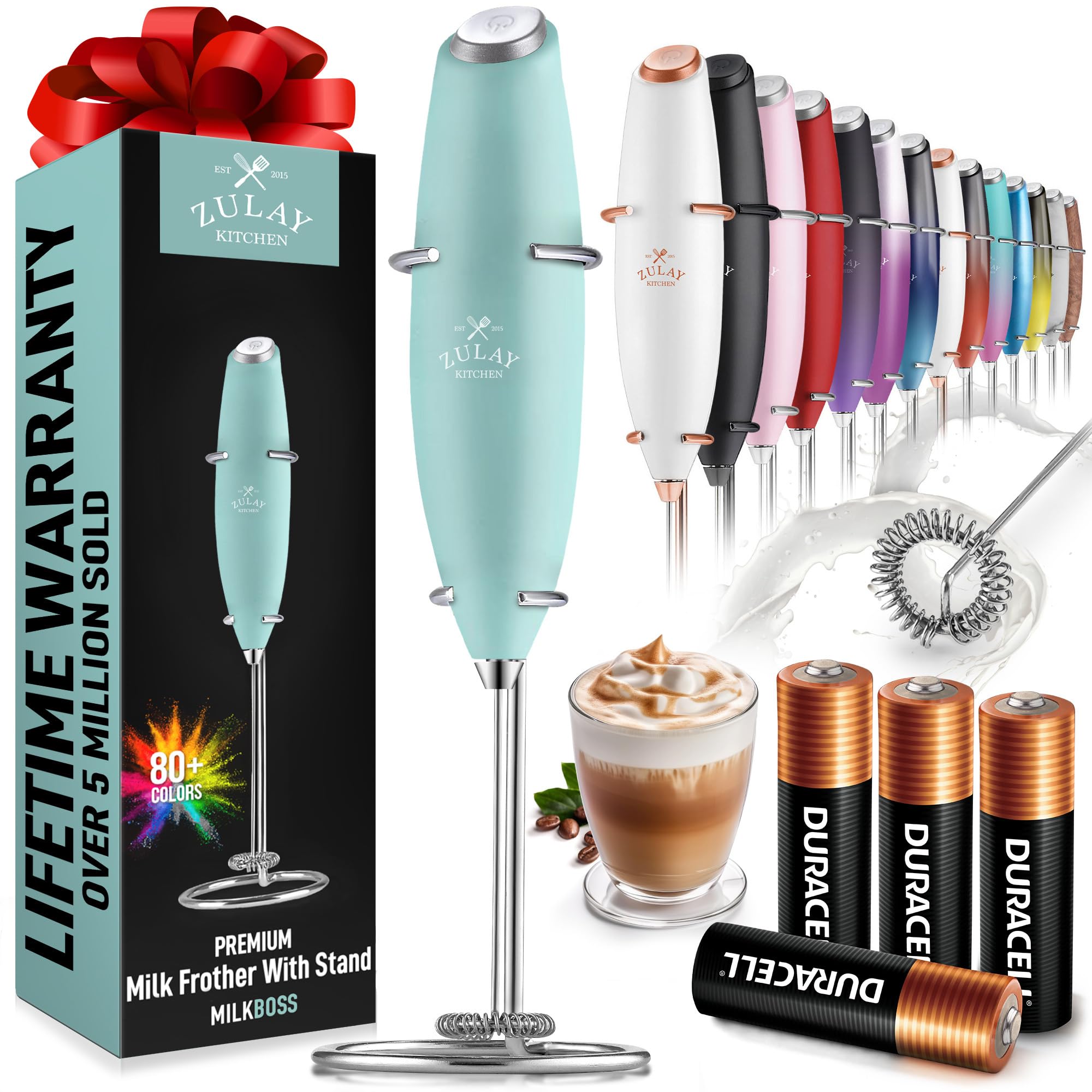 Zulay Kitchen Powerful Milk Frother Wand With 2 Duracell Batteries - Ultra Fast Handheld Drink Mixer - Electric Whisk Foam Maker for Coffee, Lattes, Cappuccino, Matcha, Hot Chocolate & Creamer - Black
