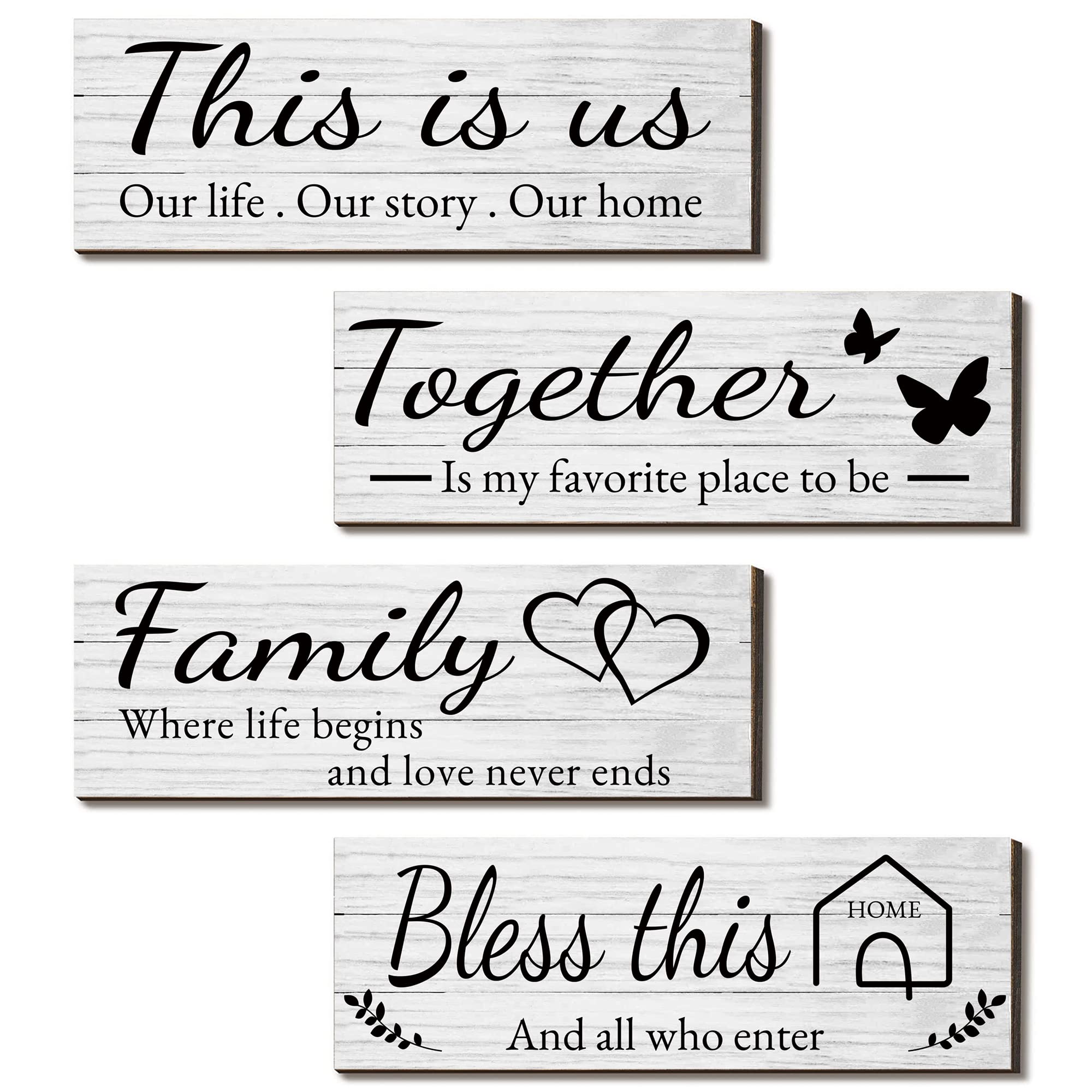4 Pieces Home Wall Signs, THIS IS US/TOGETHER/BLESS THIS HOME/FAMILY Wall Decor For Living Room Bedroom, Rustic Wooden Farmhouse Wall Art , 4.7 x 13.8 Inch(Brown)