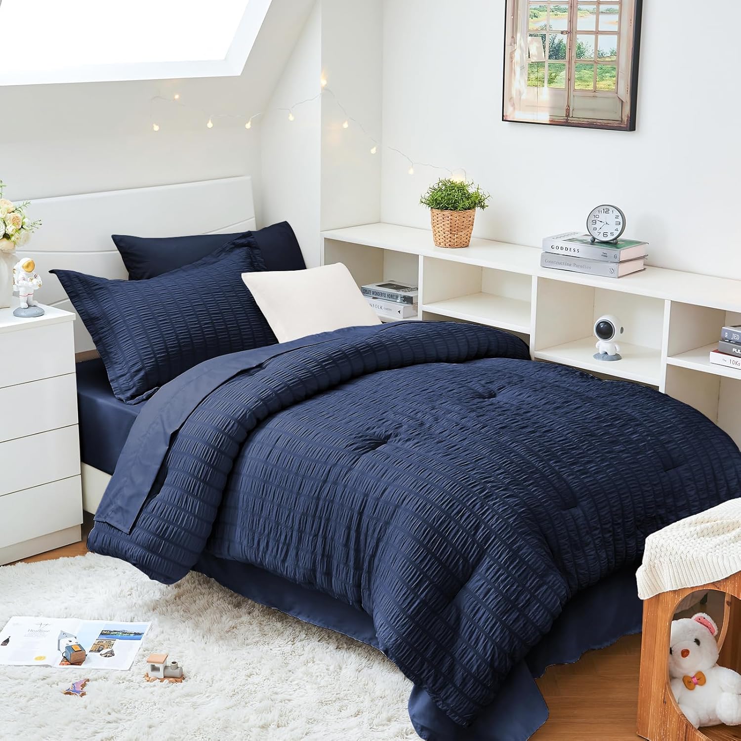 HYMOKEGE Queen Comforter Set Seersucker 7 Pieces, All Season Luxury Bed in a Bag for Bedroom, Bedding Set with Comforters, Sheets, Pillowcases & Shams, Dark Grey