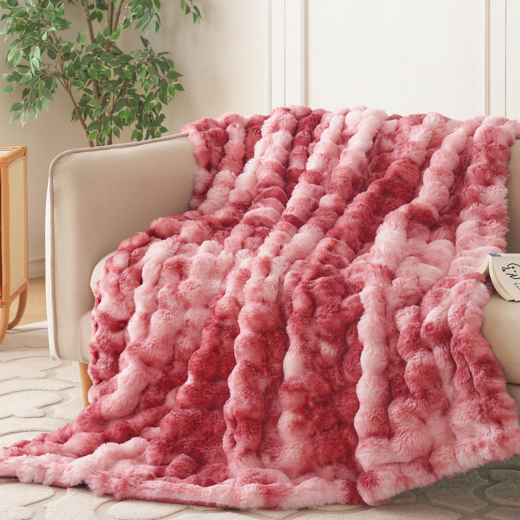 COOVA Faux Fur Throw Blanket for Couch, Cozy Soft and Fuzzy Plush Rabbit Fur Bubble Blanket for Sofa Bedroom Living Room, 50x60 Inches Tie Dye Brown