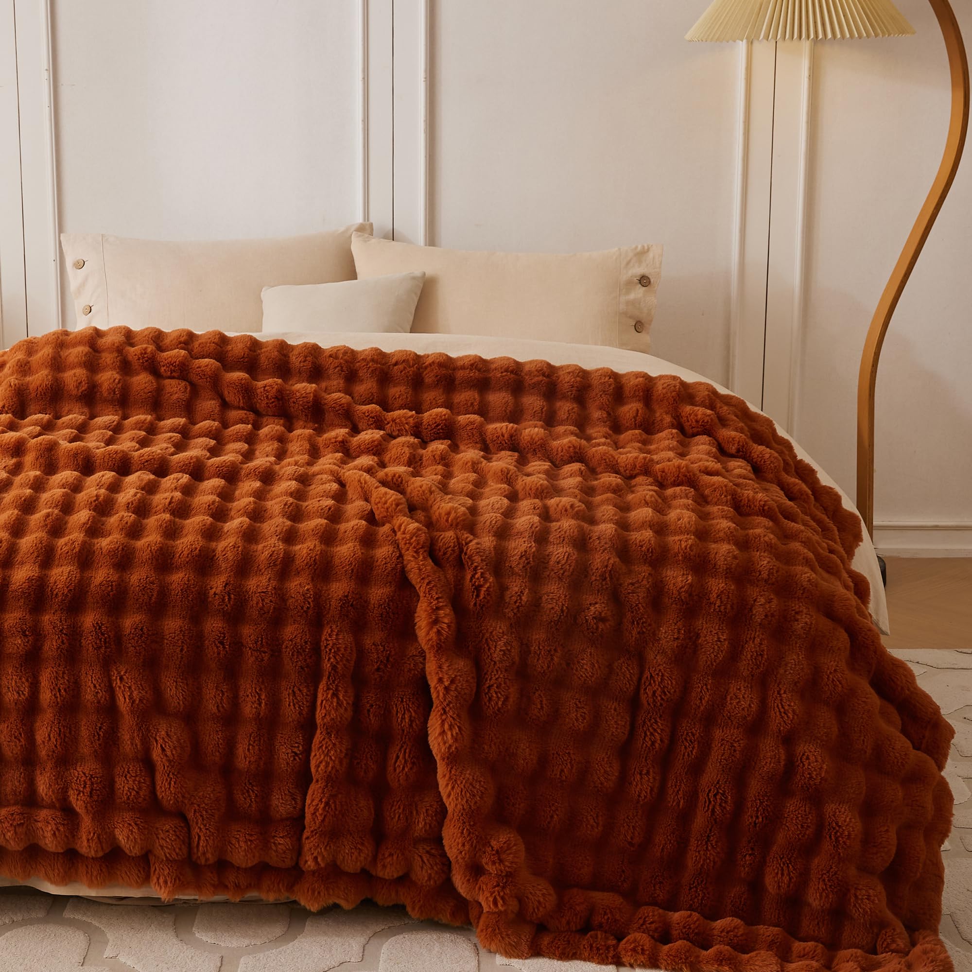COOVA Faux Fur Throw Blanket for Couch, Cozy Soft and Fuzzy Plush Rabbit Fur Bubble Blanket for Sofa Bedroom Living Room, 50x60 Inches Tie Dye Brown